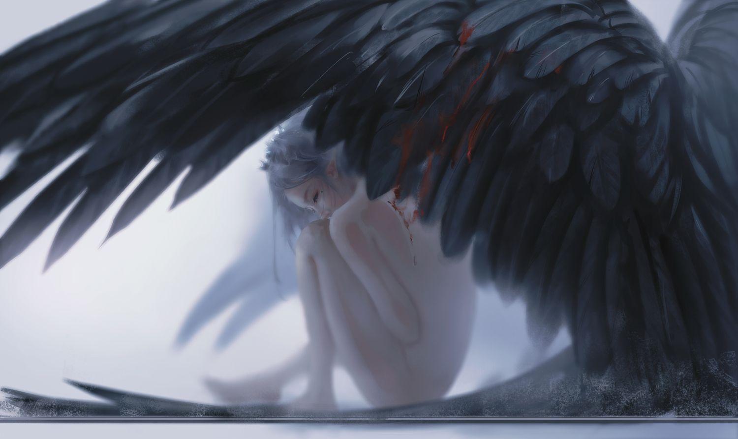 1500x893 animal bird blood blue eyes celestia (wlop) ghostblade gray hair