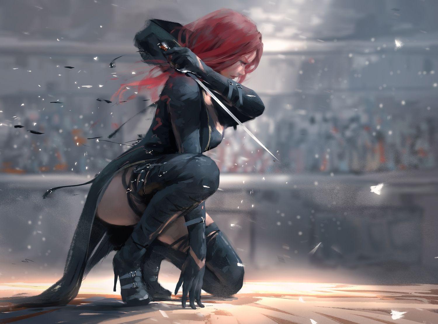 1500x1109 ghostblade lenia (wlop) long hair red hair sword thighhighs weapon