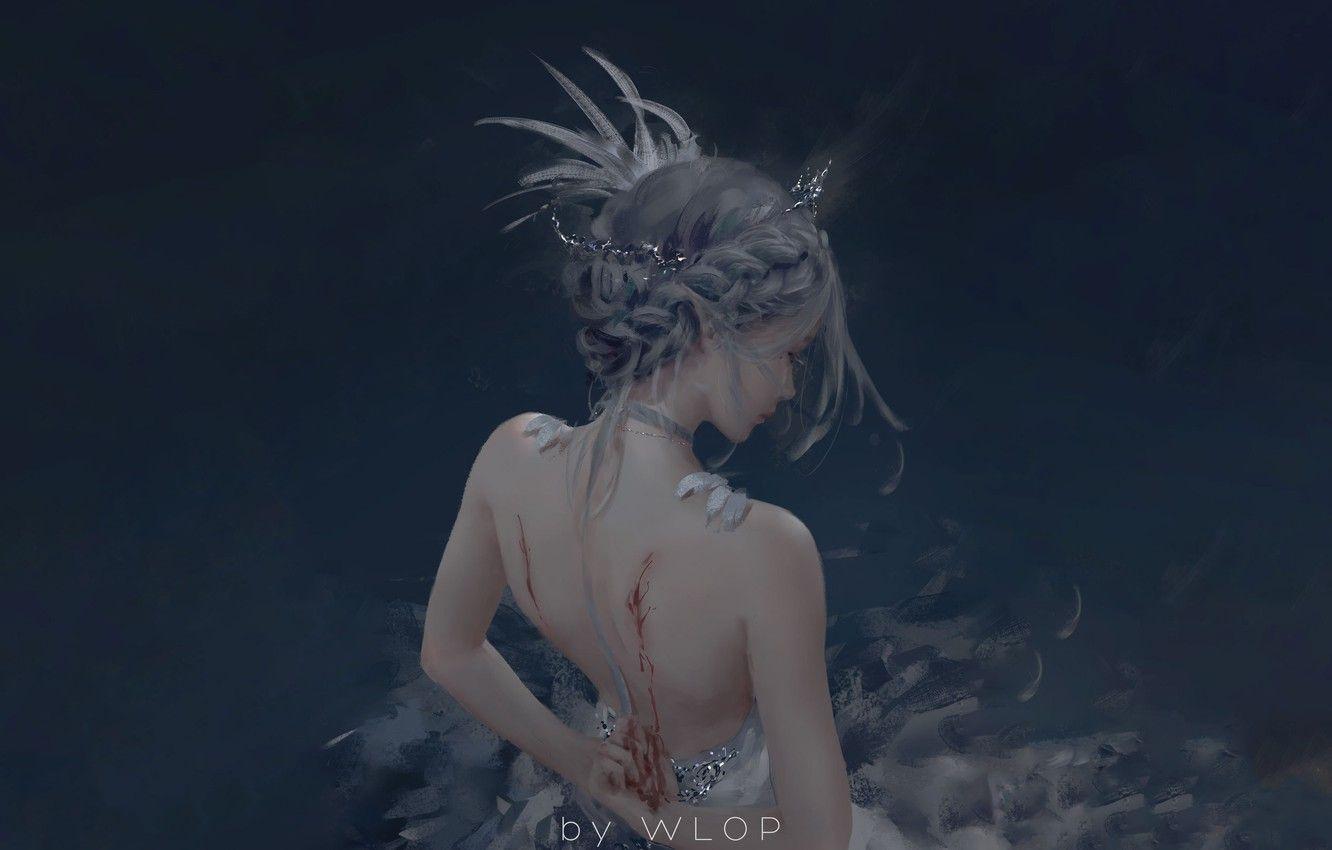1332x850 Wallpaper blood, feathers, hairstyle, grey background, Diadema