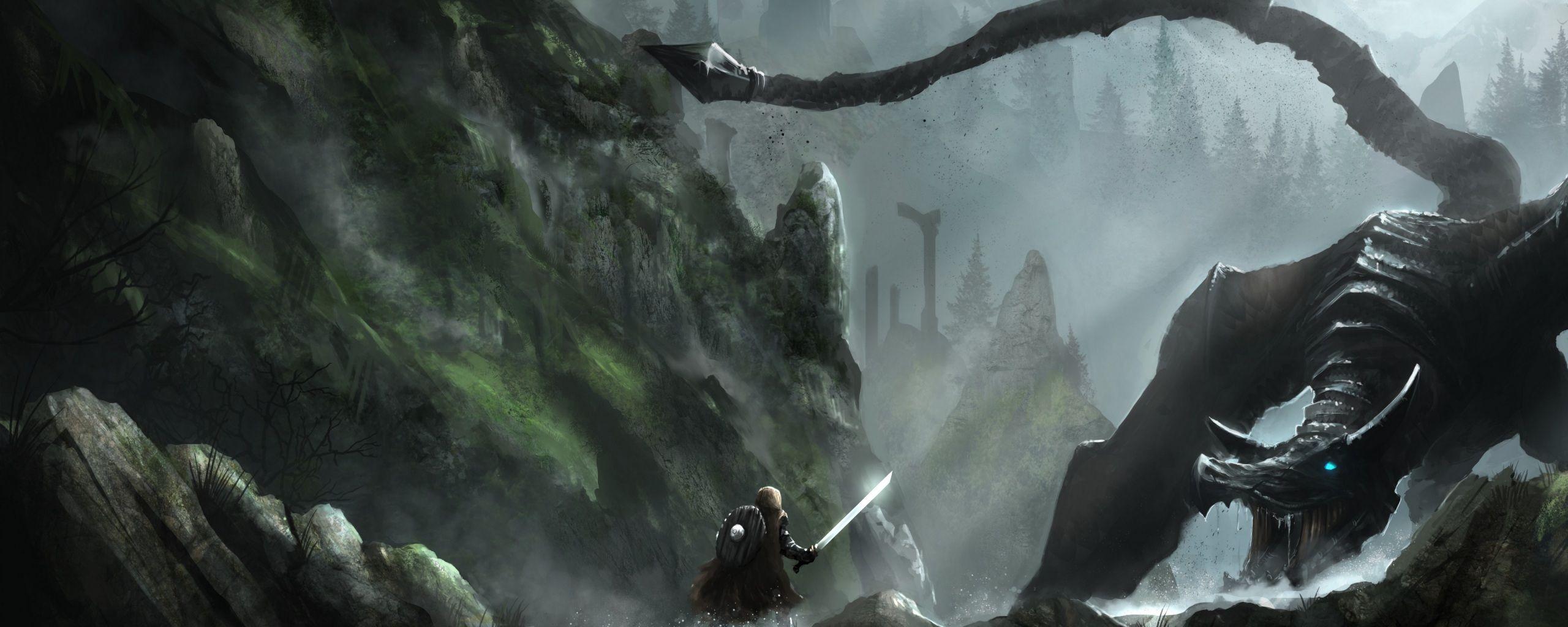 2560x1024 Wallpaper 4k the elder scrolls v, skyrim, rock, warrior 4k Wallpaper