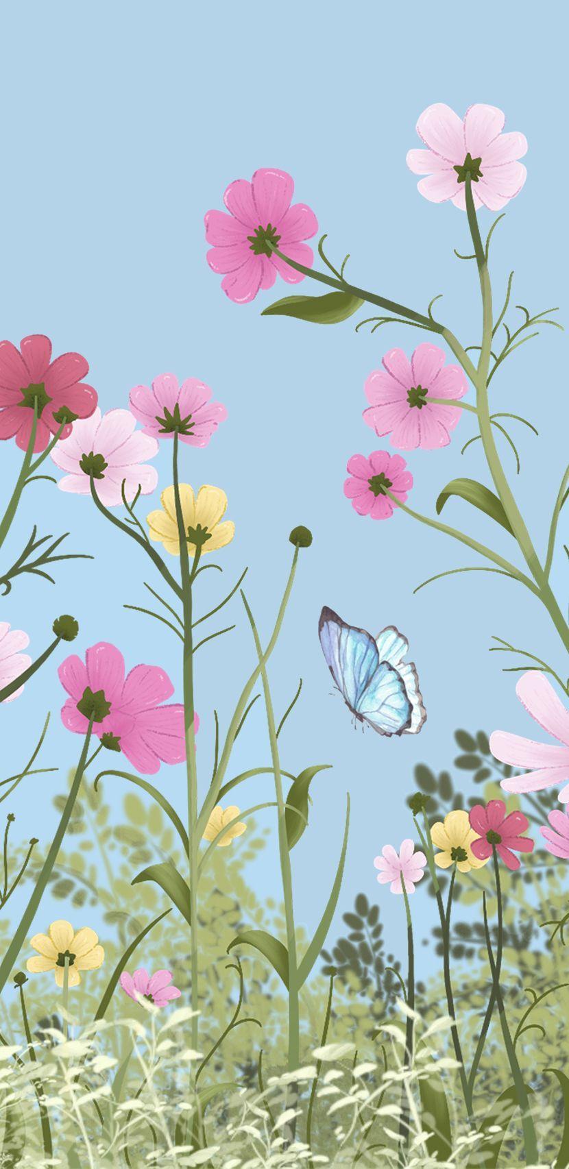 830x1706 garden, flowers, nature, butterfly, pastel colors, wallpaper