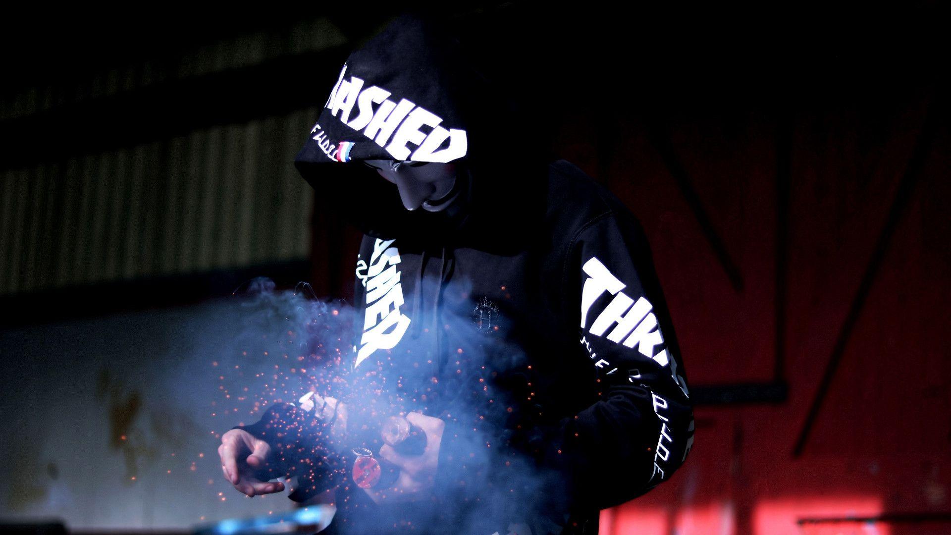 1920x1080 Download wallpaper: Smoke, anonymous mask, sparklers 1920x1080