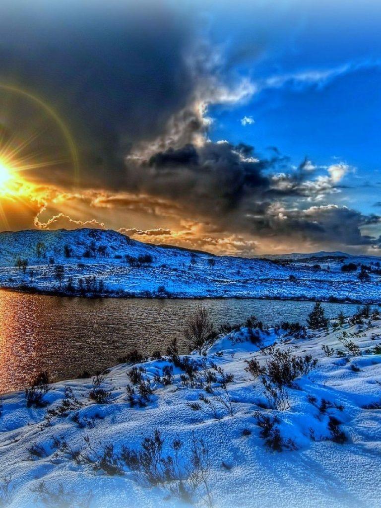 768x1024 Bright Sun Trees Snowy River iPad wallpaper