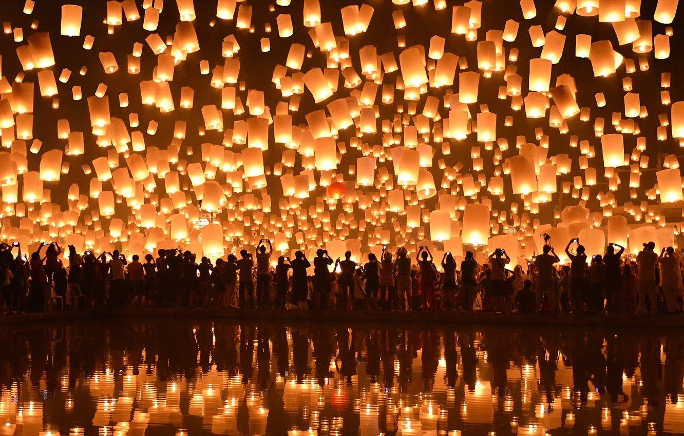 1332x850 Wallpaper Chiang Mai, Loi Krathong Festival, Floating Lanterns