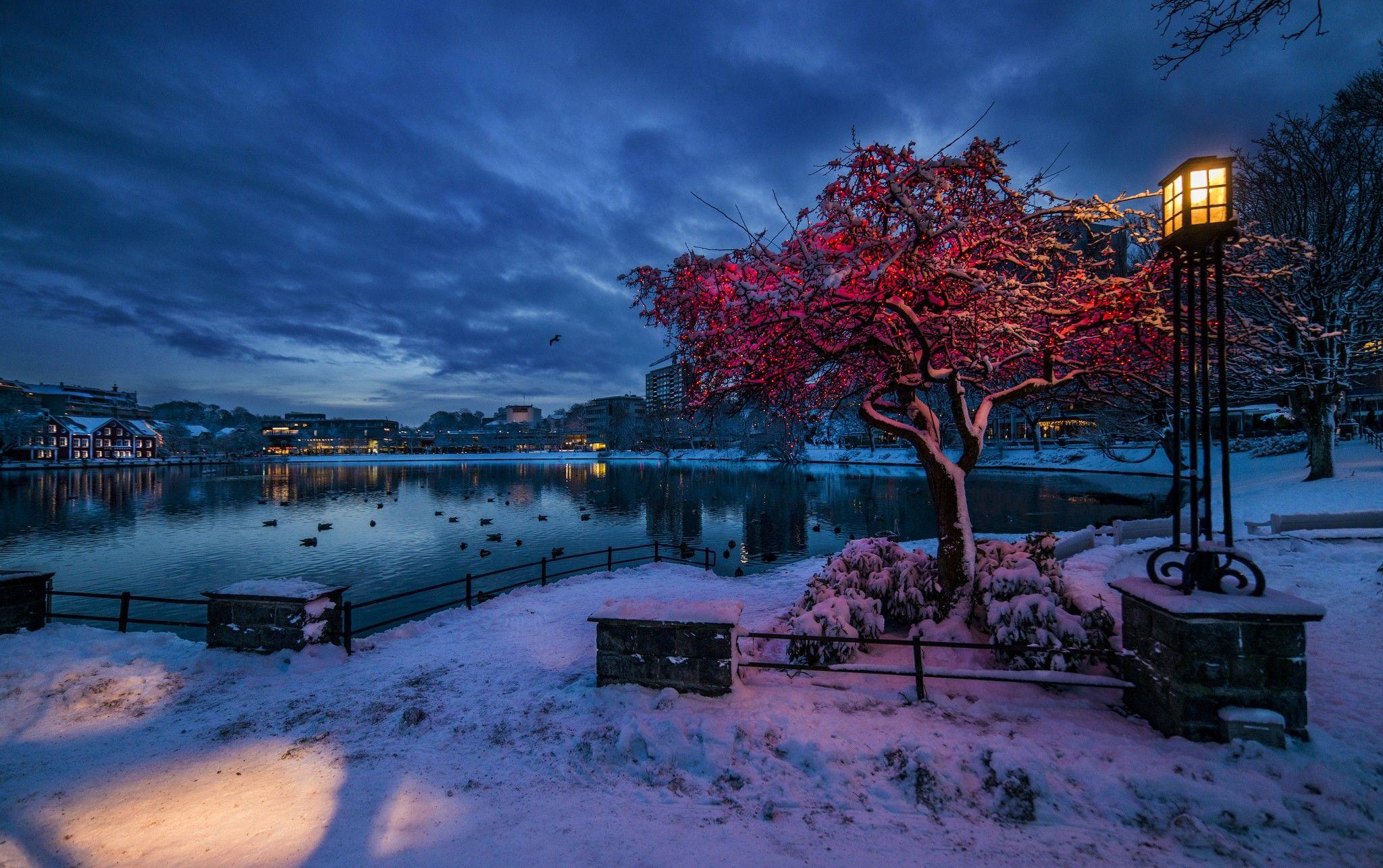 2048x1286 Winter: Winter Lake Light Time Sky Splendor Water Lantern Nature
