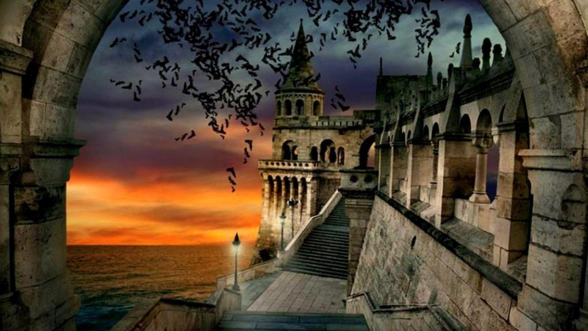 1920x1080 Medieval: Archway Sunset Castle Morning Ocean Birds Water Lantern