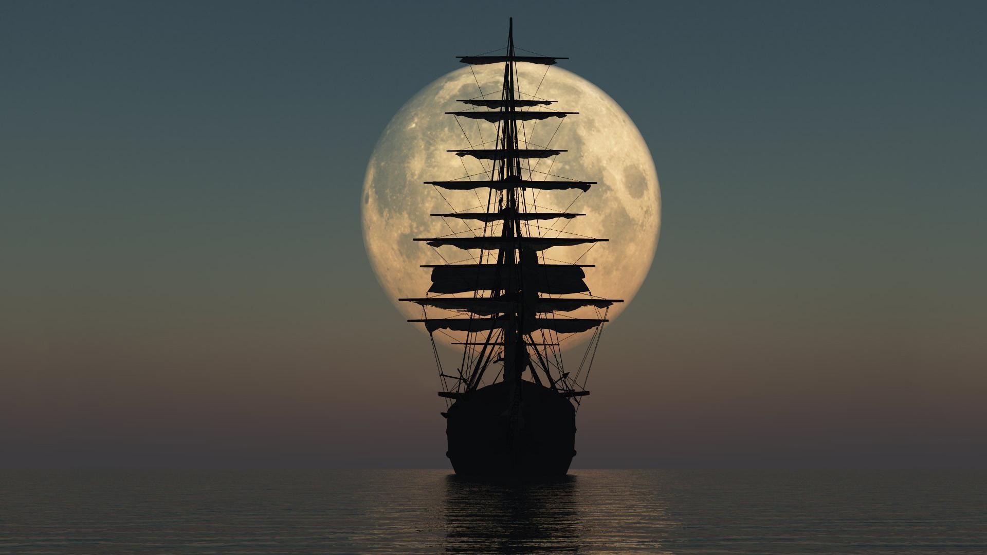 1920x1080 Pirate Ship Silhouette HD Wallpaper. Sailing, Beautiful moon, Boat