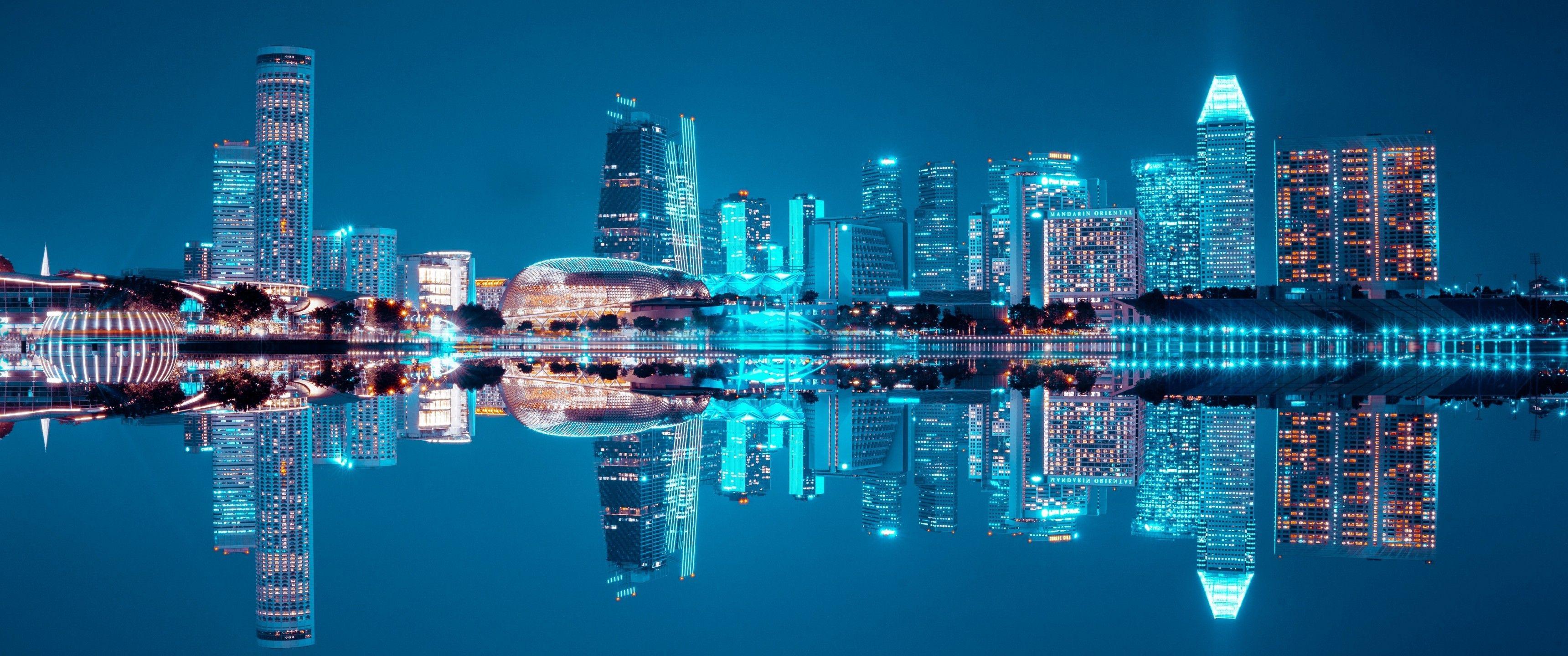 3440x1440 Download 3440x1440 Singapore, Skyscrapers, Night, Reflection