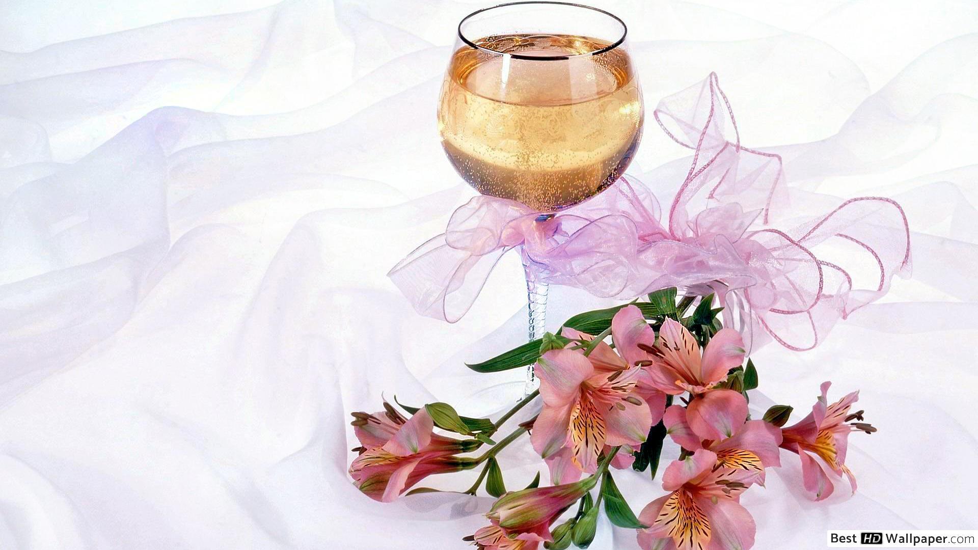 1920x1080 Champagne glass and a bouquet of pastel flowers HD wallpaper download