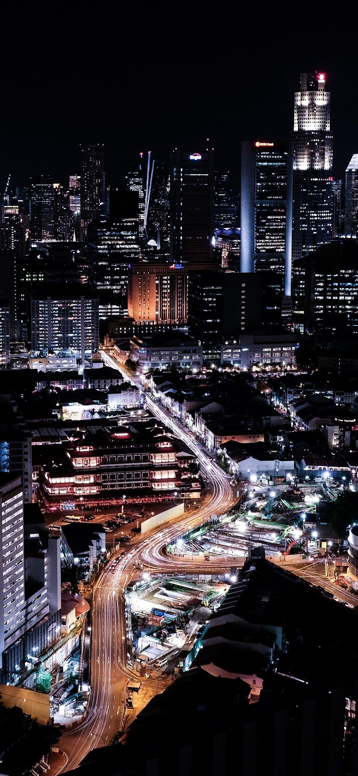 1242x2688 Wallpaper Singapore, city at night, buildings, roads, lights
