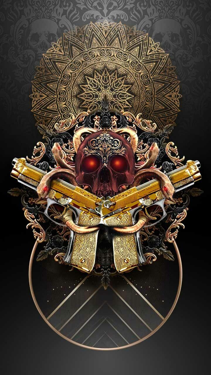 720x1280 2D Red Skull Golden Gun Wallpaper, Rucha Rane