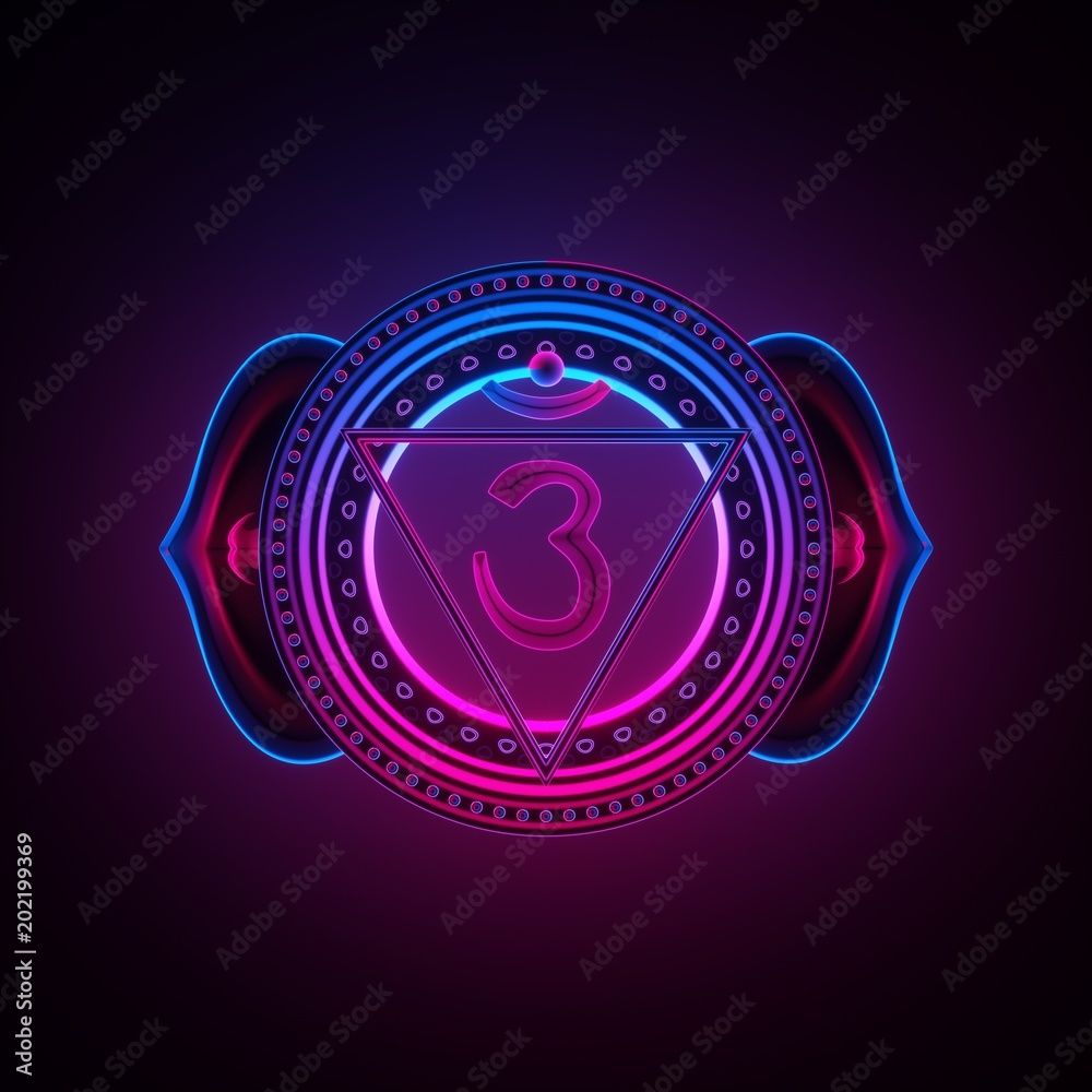 1000x1000 3D render, sacred geometry, indigo Ajna third eye chakra symbol, neon light abstract background, spiritual chackra symbol, religious sign, esoteric mandala, modern illustration