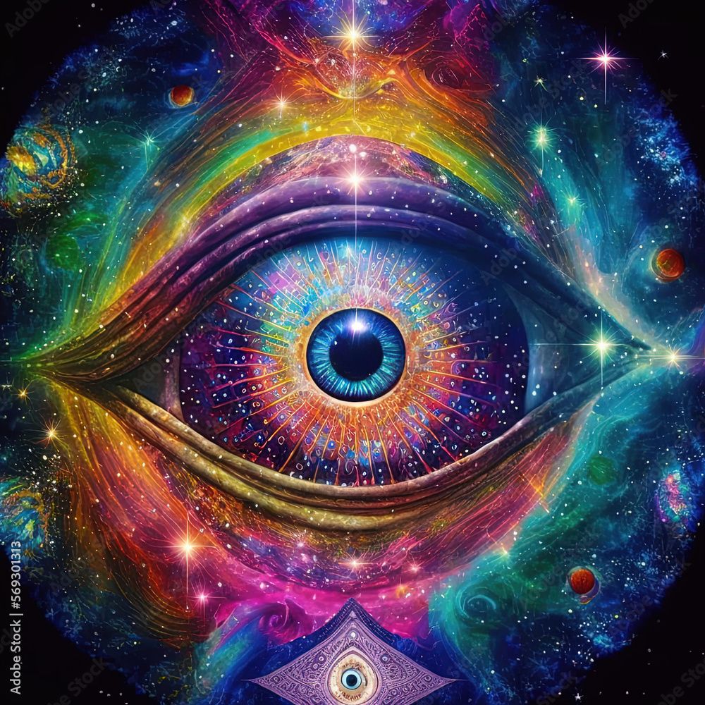 1000x1000 Chakra opening, third eye sees everything. Spirituality, yoga, meditation, cosmos. Generative AI Stock Illustration