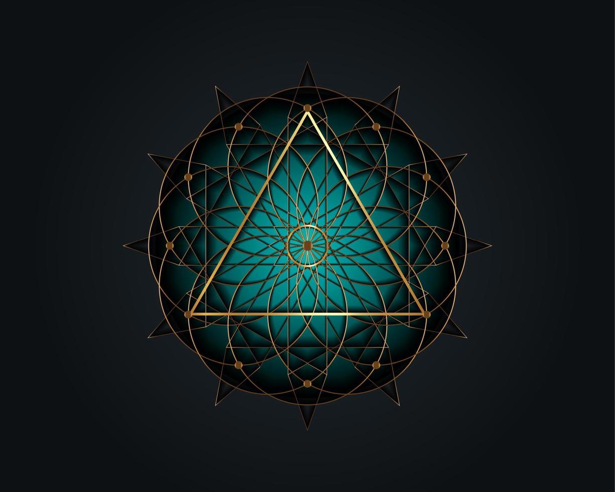 1225x980 Sacred Geometry magic triangle symbol, third Eye sign. Geometric mystic mandala of alchemy esoteric Flower of Life. Gold line art vector circle divine meditative amulet isolated on black background 6145261 Vector Art