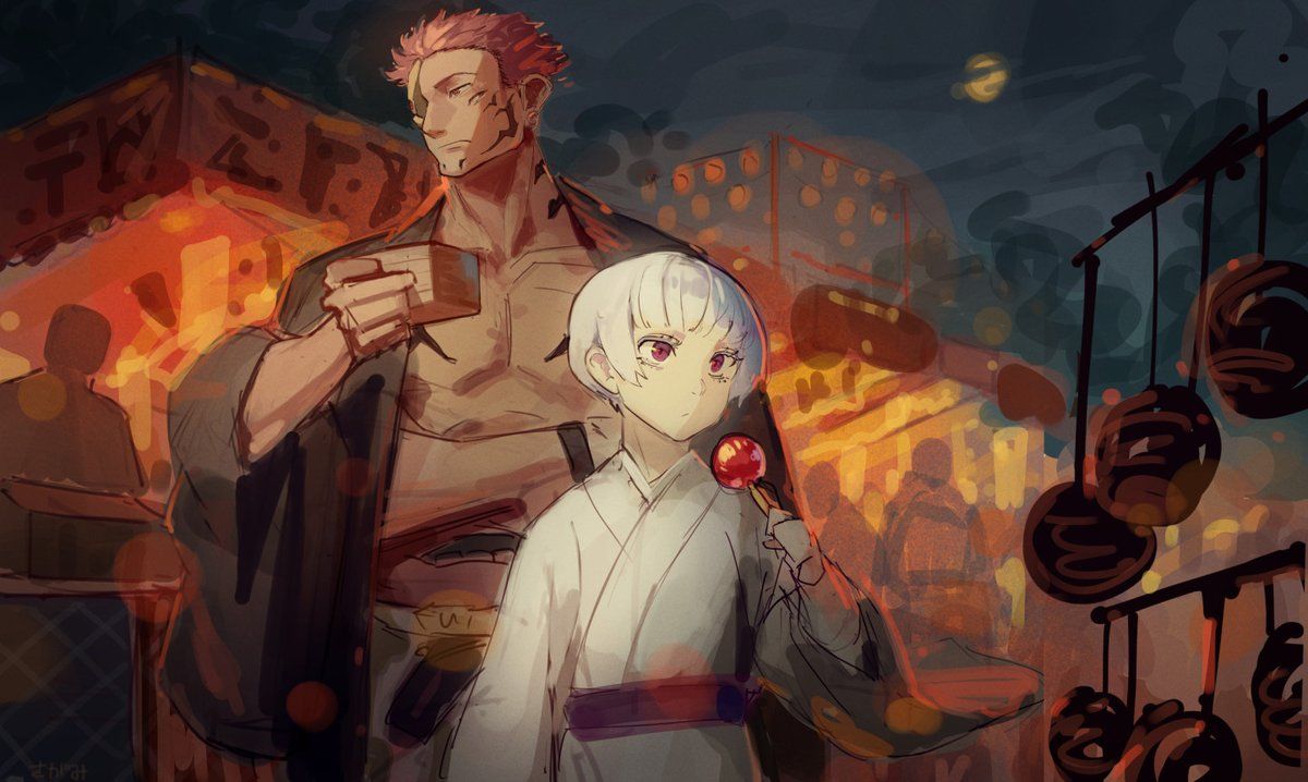 1200x718 This beautiful. Uraume and Sukuna are attending a festival. It's cool how Sukuna looks like he's protecting Uraume and has that uninterested look on his face. Awesome!!!! #JujutsuKaisen