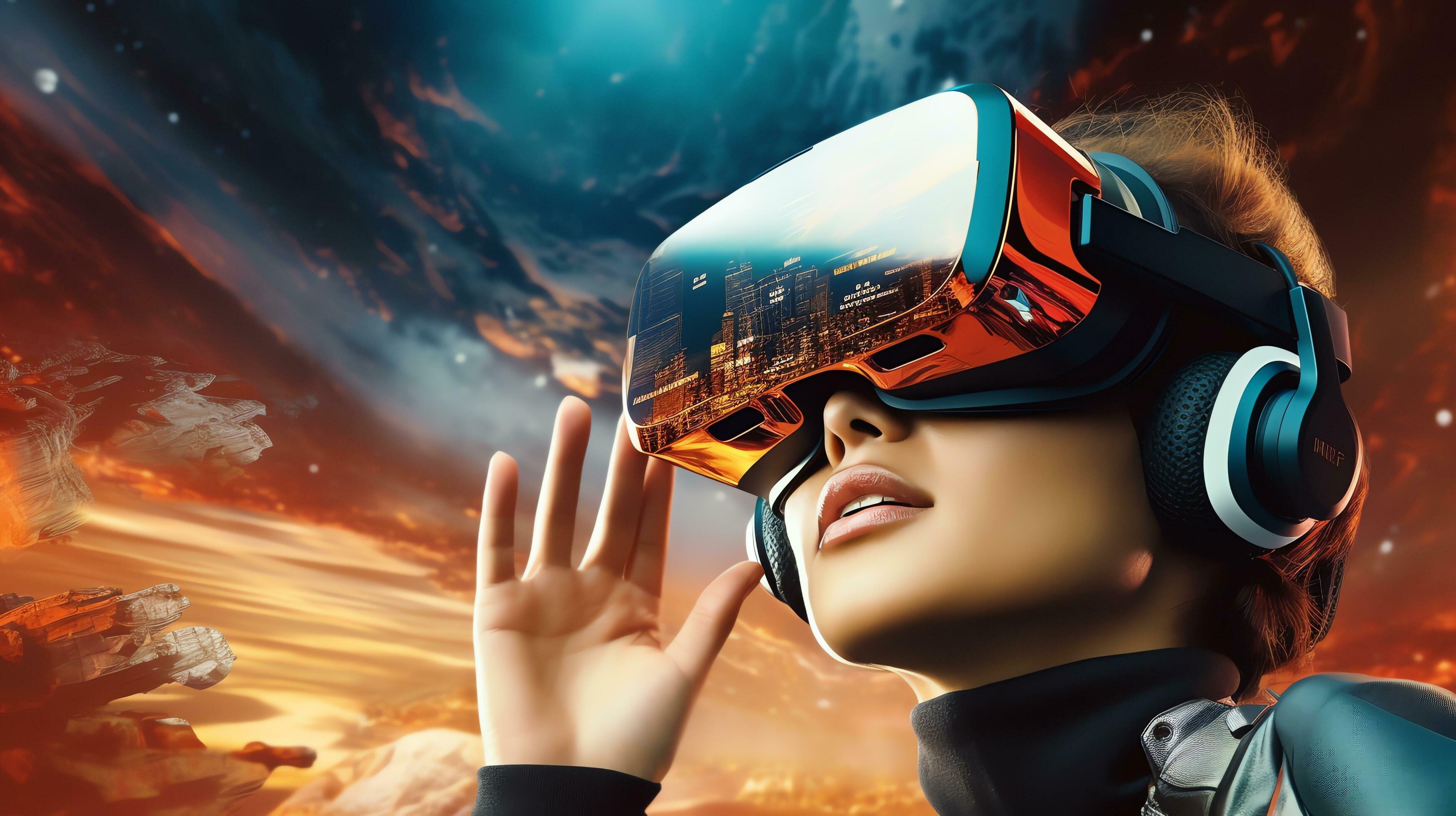 3497x1960 VR glasses technology changes working life in the future world. Generate AI