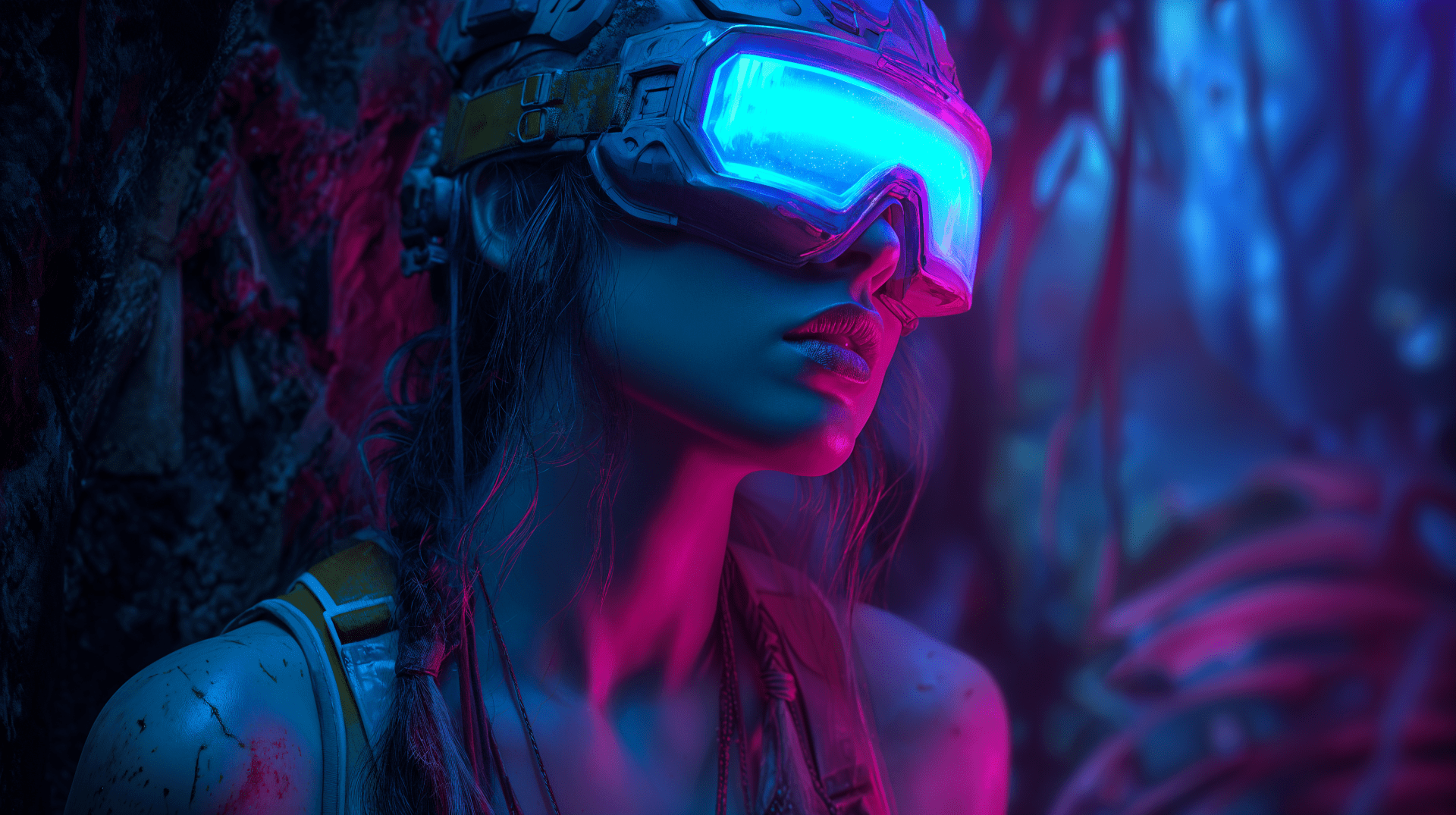 1920x1075 Download Scifi Girl Virtual Reality Vr Headset Cyberpunk 4k Ultra HD Wallpaper