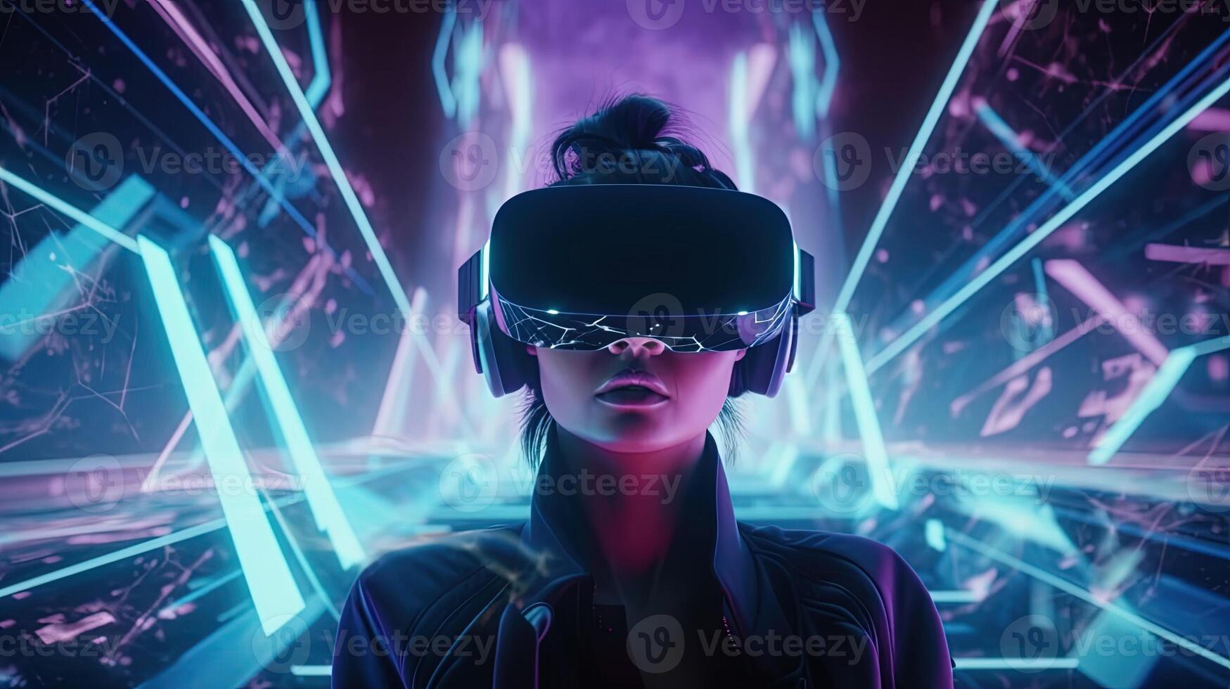 1749x980 woman in VR glasses in neon space, digital art illustration