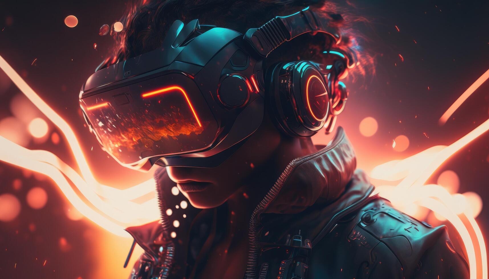 1715x980 VR and AR technology futuristic concept. Man wearing 3D VR headset glasses looks up in cyberspace of metaverse