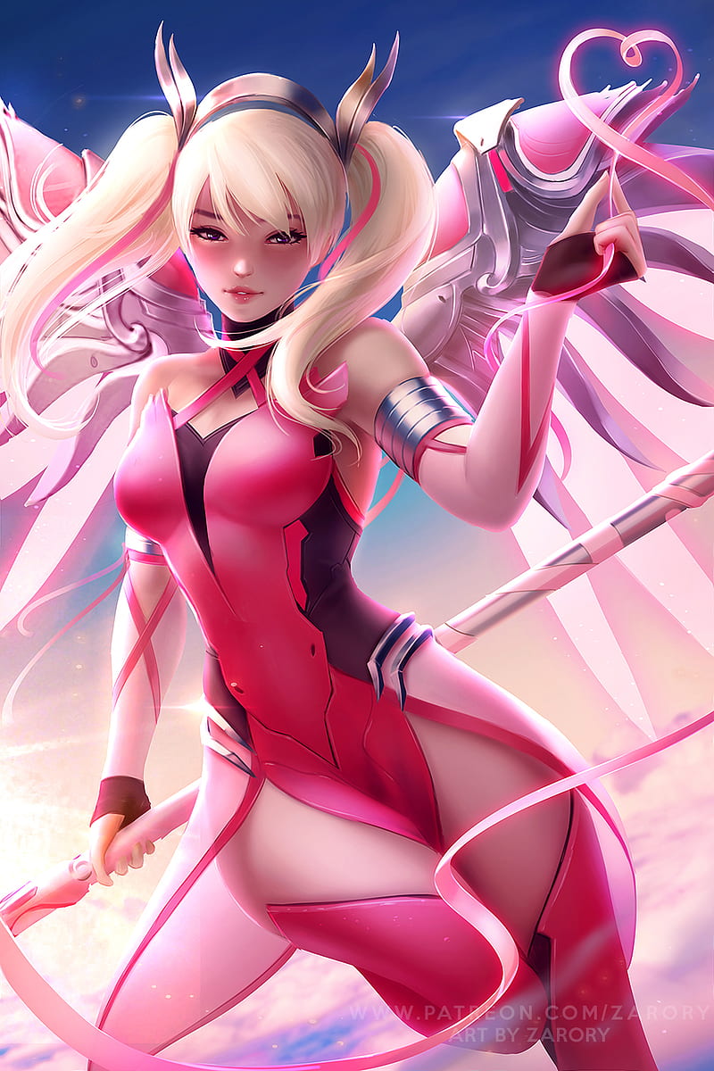 800x1200 Zarory, drawing, Overwatch, women, Mercy, blonde, pigtails, weapon, Heart (Design), HD phone wallpaper