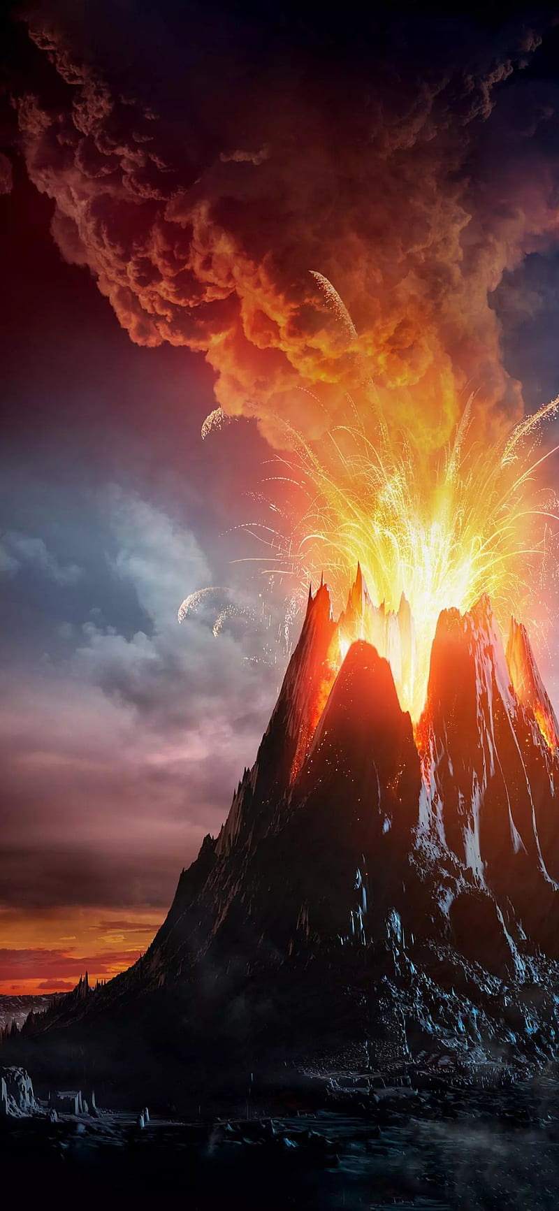 800x1733 Volcano, fire, mountain, stars, HD phone wallpaper