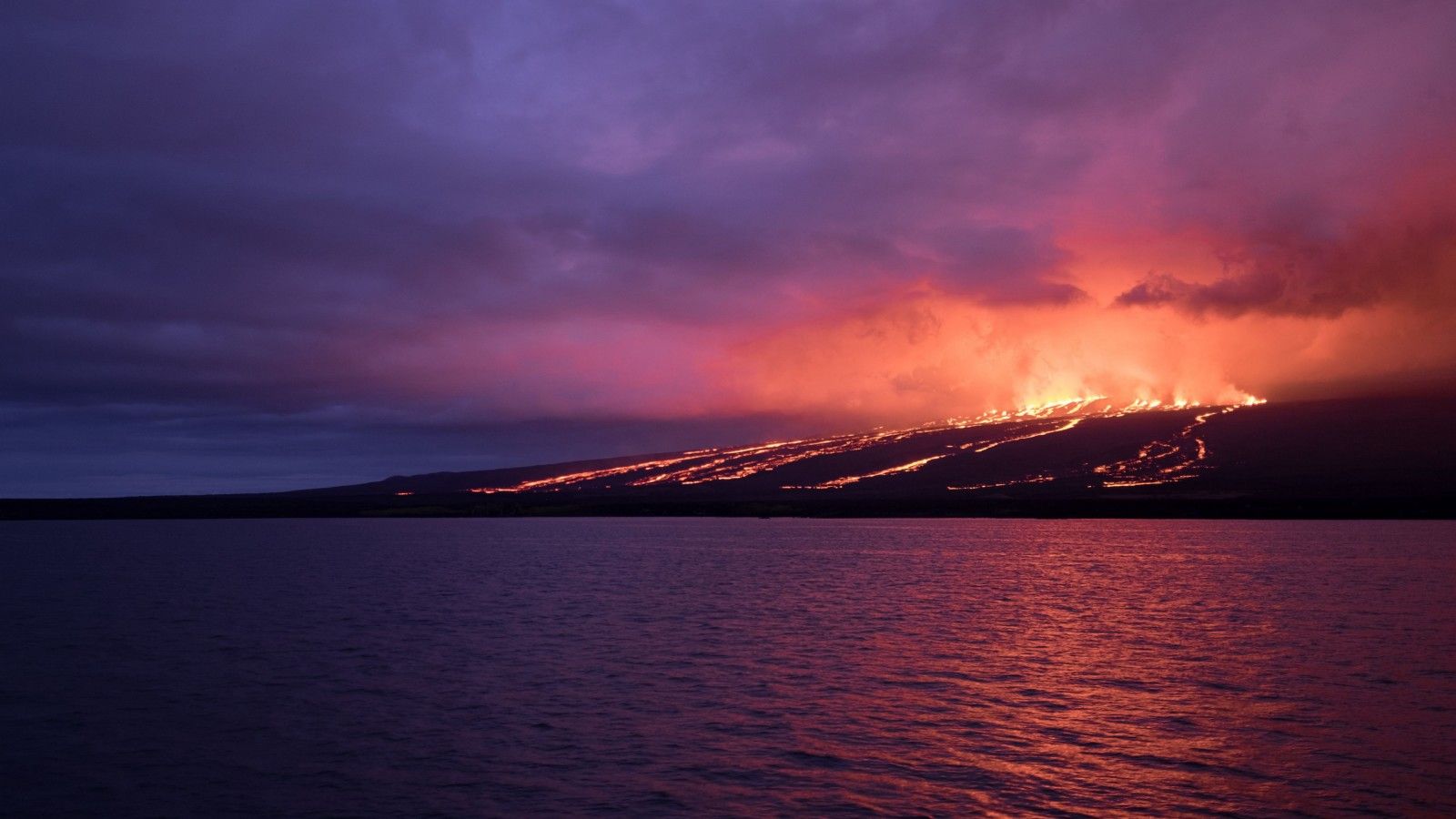 1600x900 Ocean, Island, Volcano, Fire, Lava, Night, Purple, Sky, Dark, Background, Flame 4K HD Dark Background Wallpaper