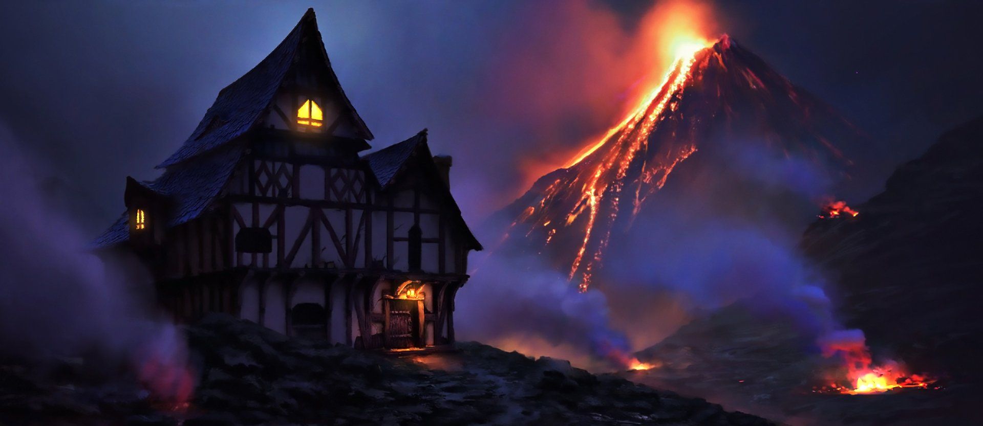 1920x833 Download Fire Night House Lava Volcano Fantasy Landscape Fantasy Landscape Wallpaper