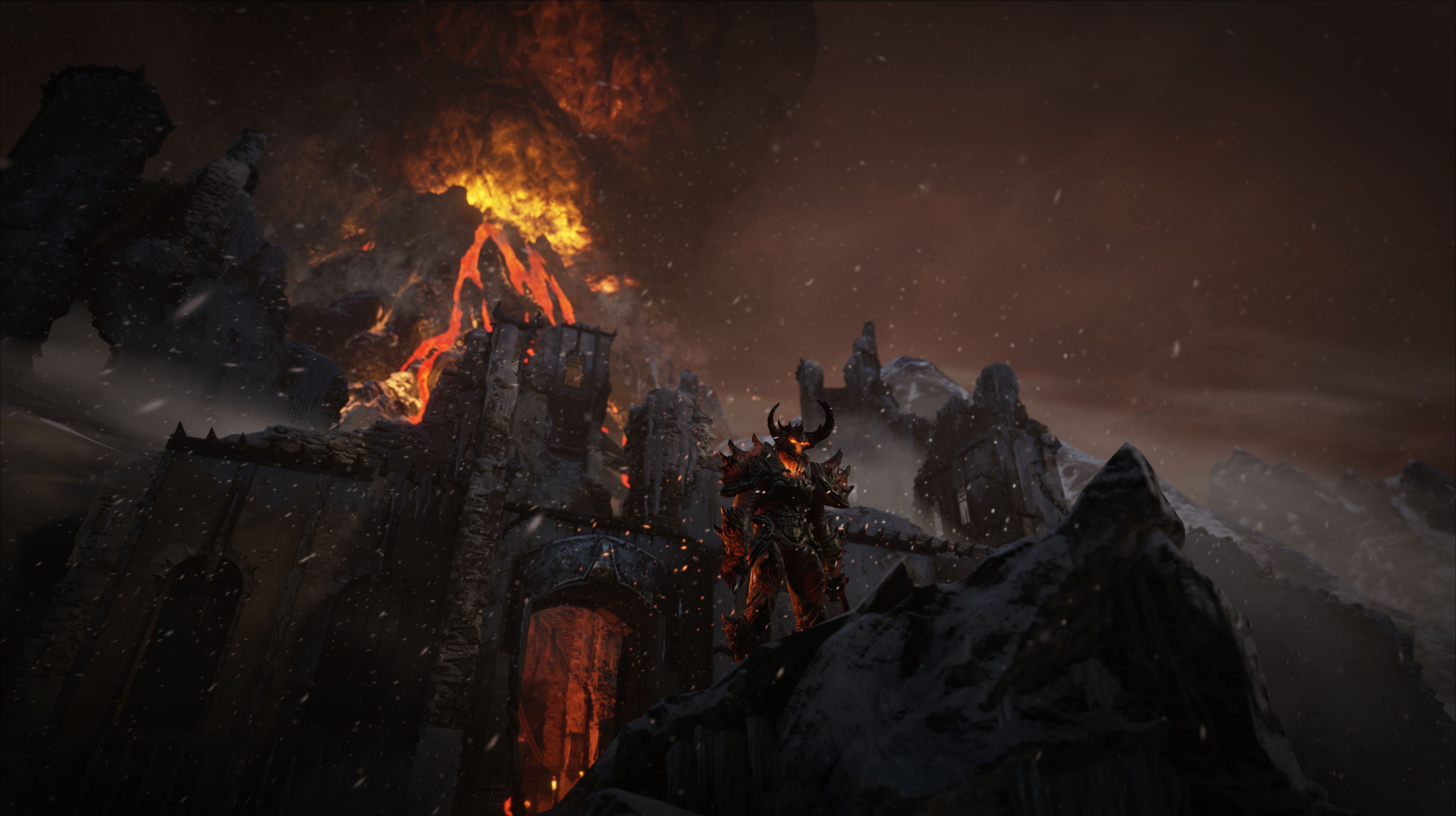 5120x2868 Unreal Engine Demon, Volcano, Video Games, Fire, Fortress, Snow, Hill Wallpaper HD / Desktop and Mobile Background
