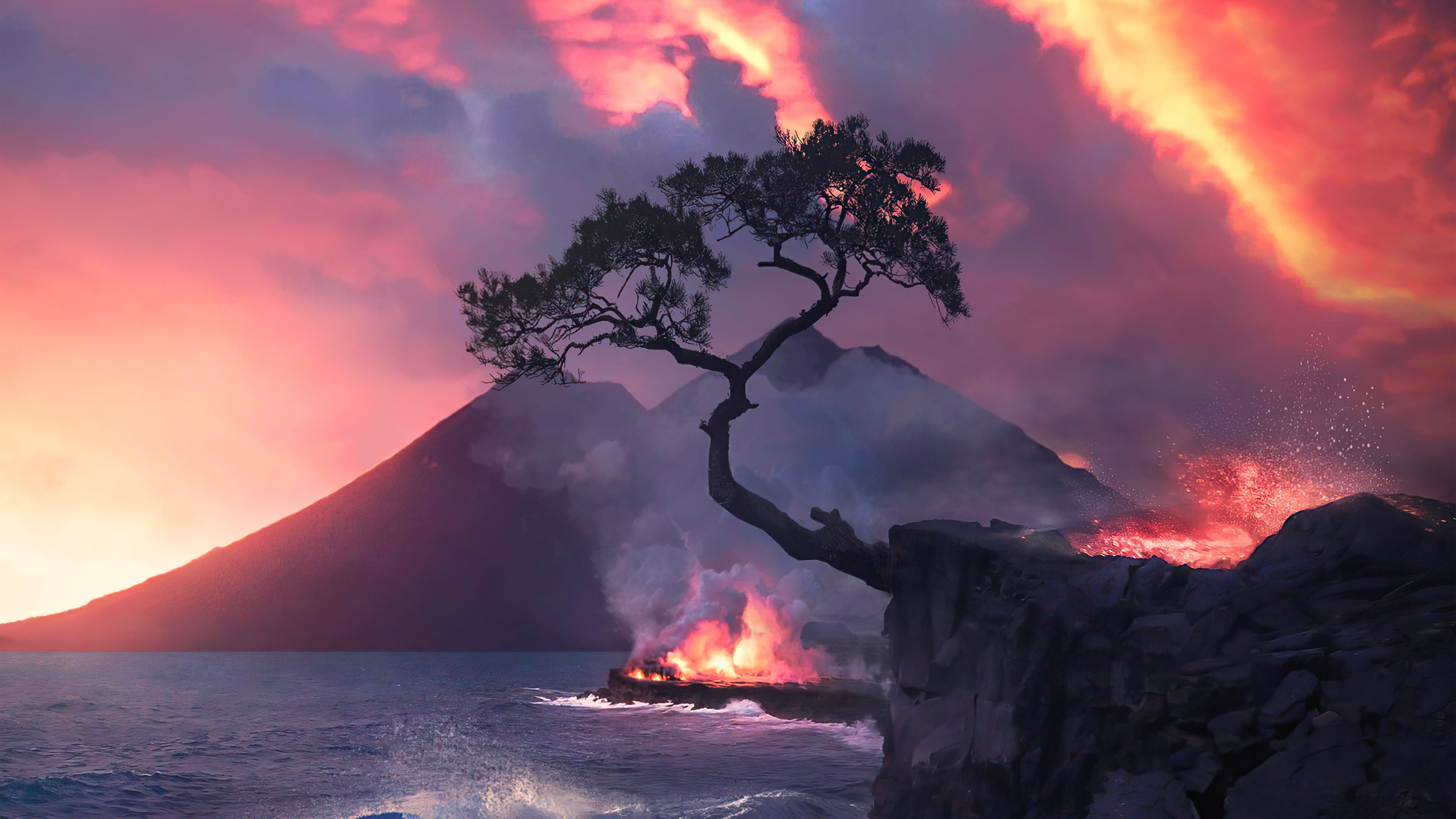 5120x2880 Fire in the woods next to the sea Aesthetic Wallpaper 4K for Desktop