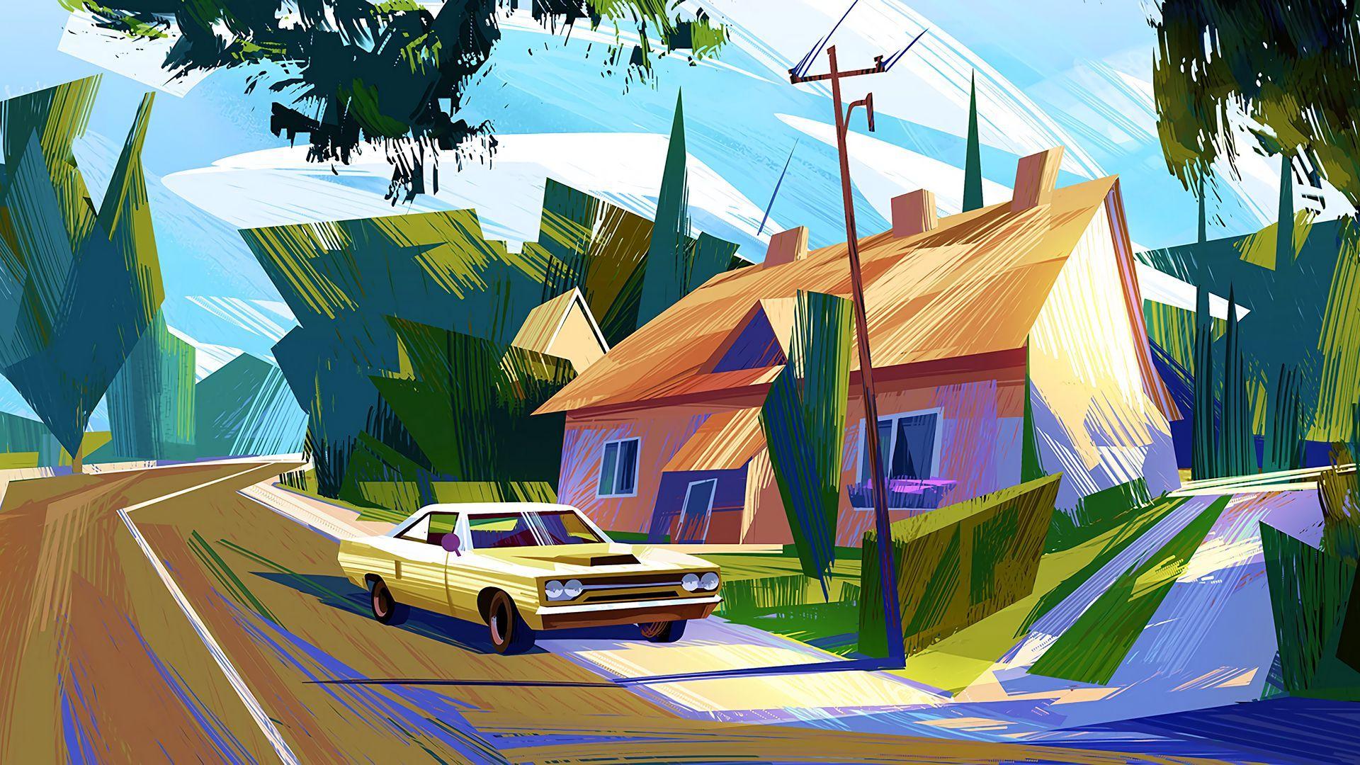 1920x1080 Download wallpaper 1920x1080 car, house, art, colorful full HD