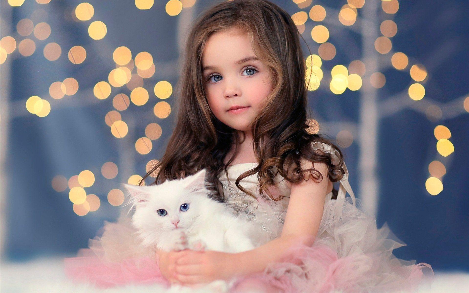 1920x1200 children, Girl, Blonde, Blue, Eyes, Cat, Animal, Cute, Dress, Angel Wallpaper HD / Desktop and Mobile Background