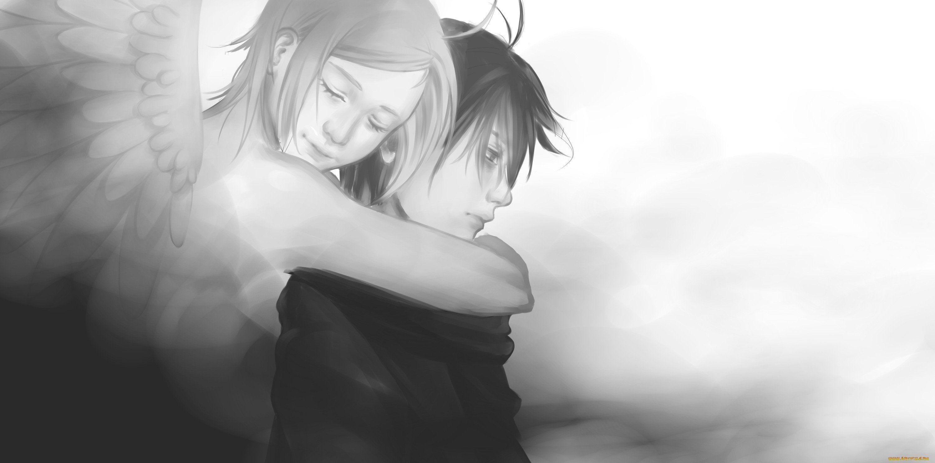 3004x1488 Cute anime fantasy couple wing angel boy girl wallpaper