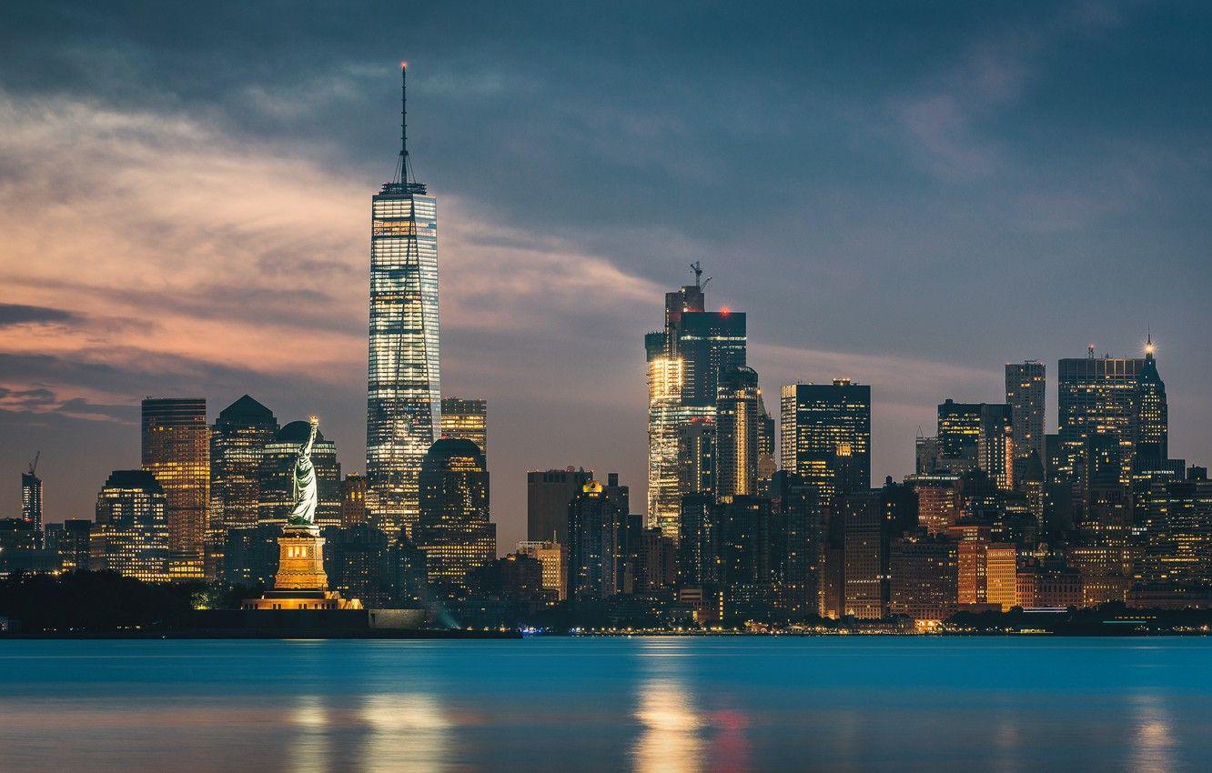 1332x850 Wallpaper night, New York, Statue of Liberty, skyscrapers, cityscape image for desktop, section город