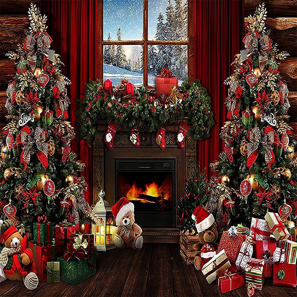 1000x1000 Fox Christmas Fire Place Teddy Bear & Presents Nutcracker Backdrop