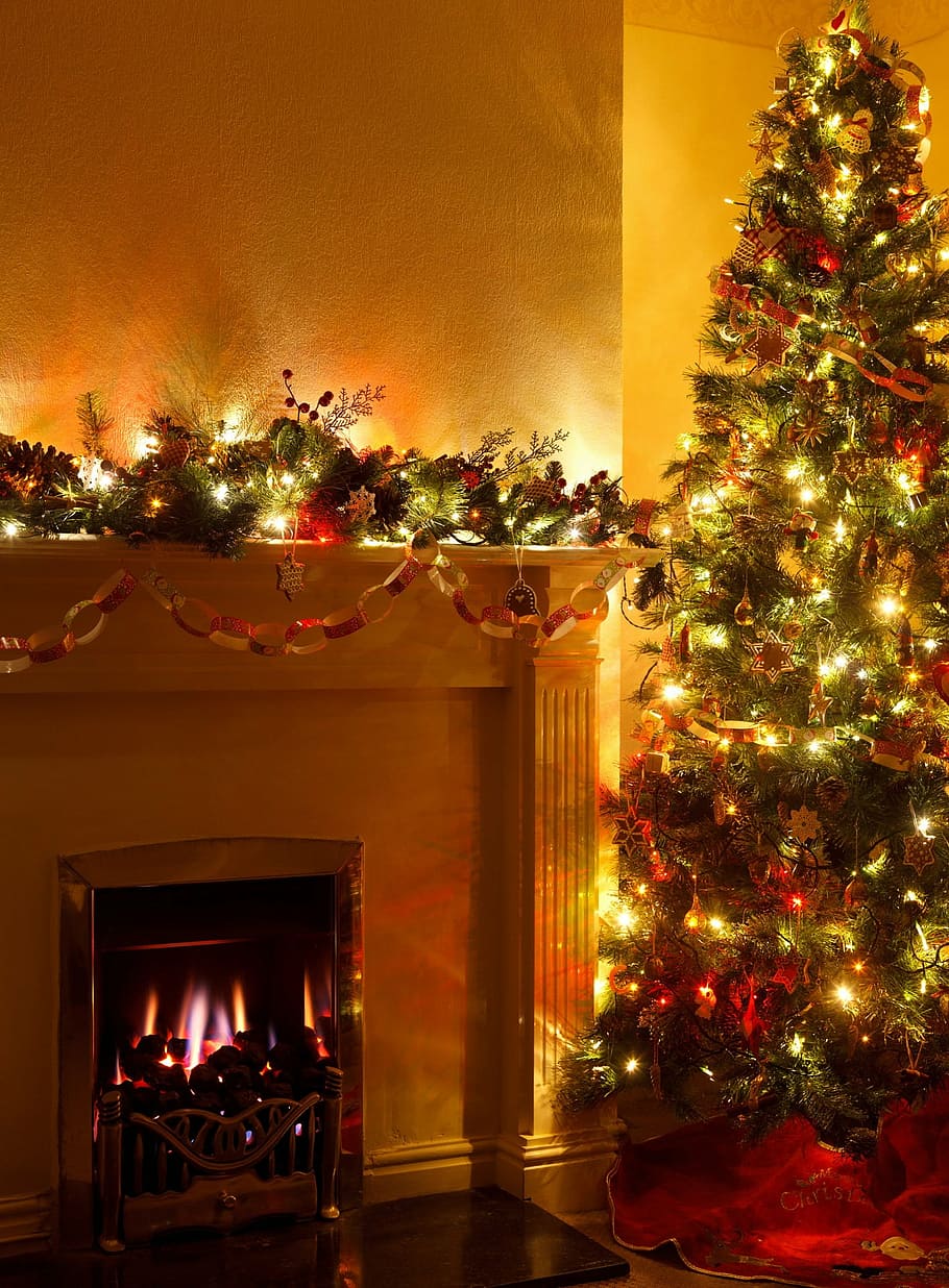 910x1236 Green, Pre Lit Tree, Fireplace, Cozy, December, Decoration, Eve, Festive