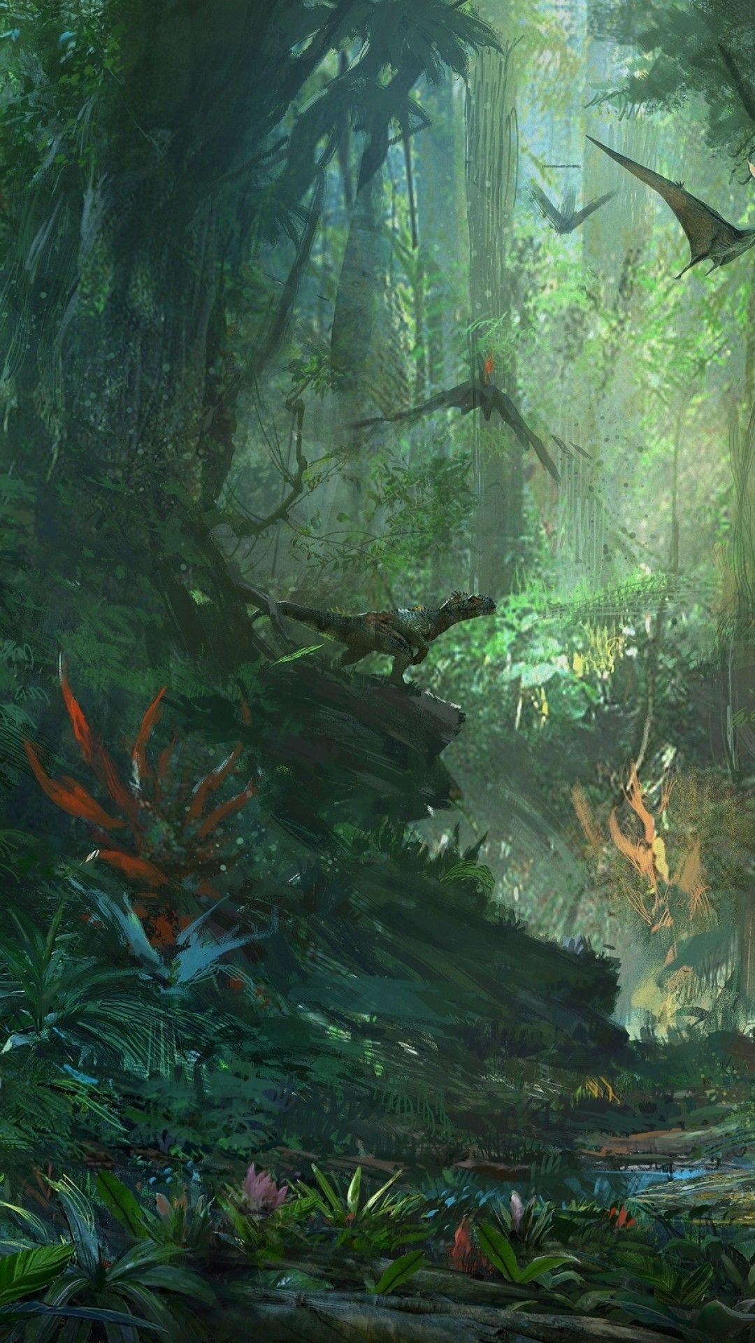 1080x1920 Download 1080x1920 Ark Park, Dinosaurs, Forest, Artwork, Painting Wallpaper for iPhone iPhone 7 Plus, iPhone 6+, Sony Xperia Z, HTC One