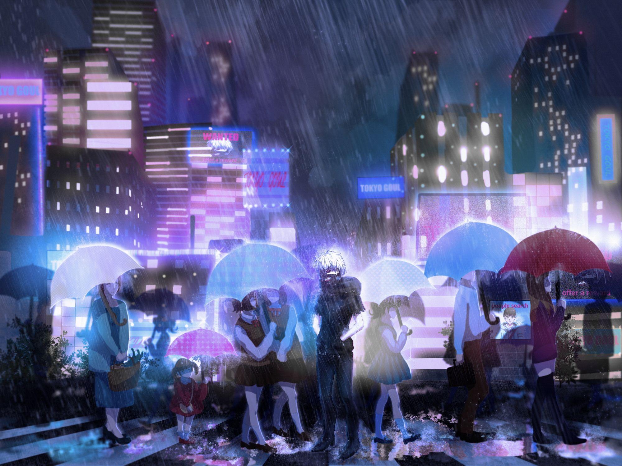 2000x1500 building city group kaneki ken male night rain tokyo ghoul