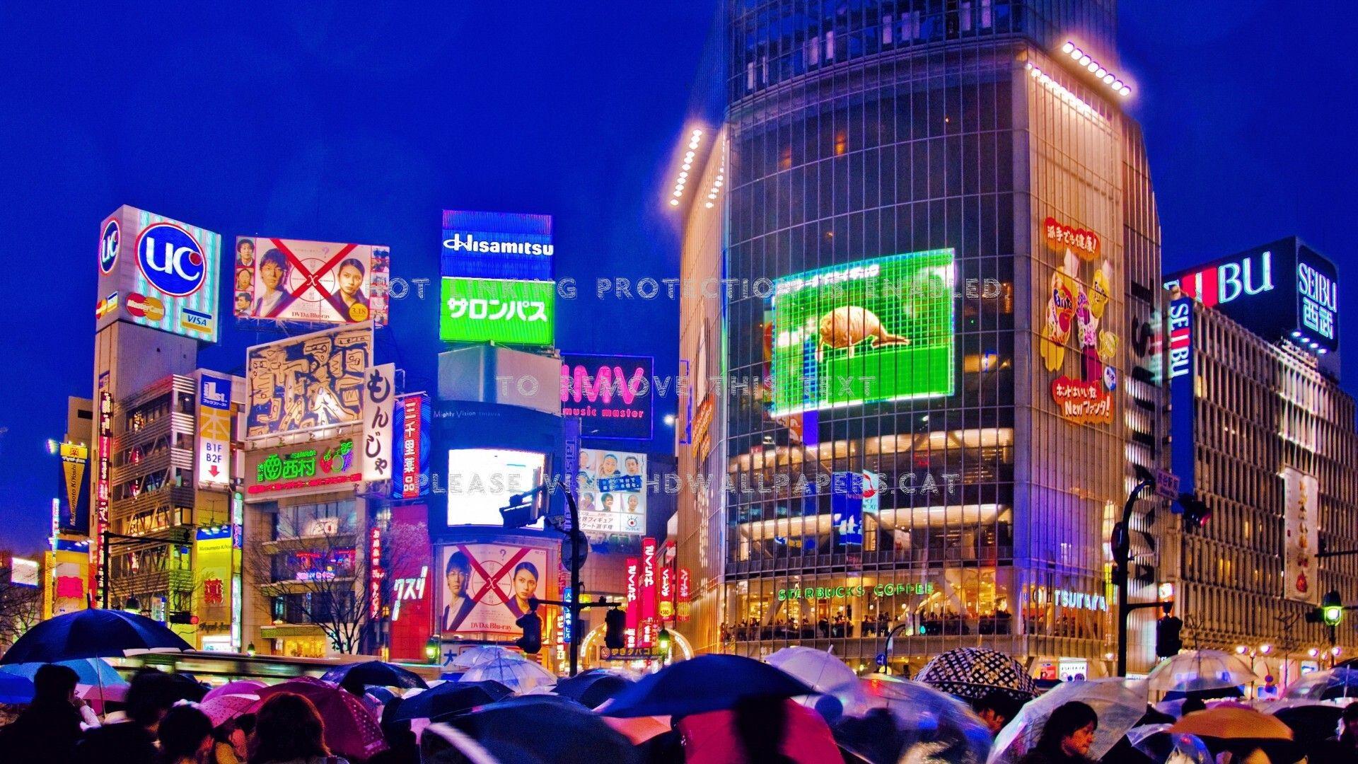 1920x1080 rain on busy street tokyo people city