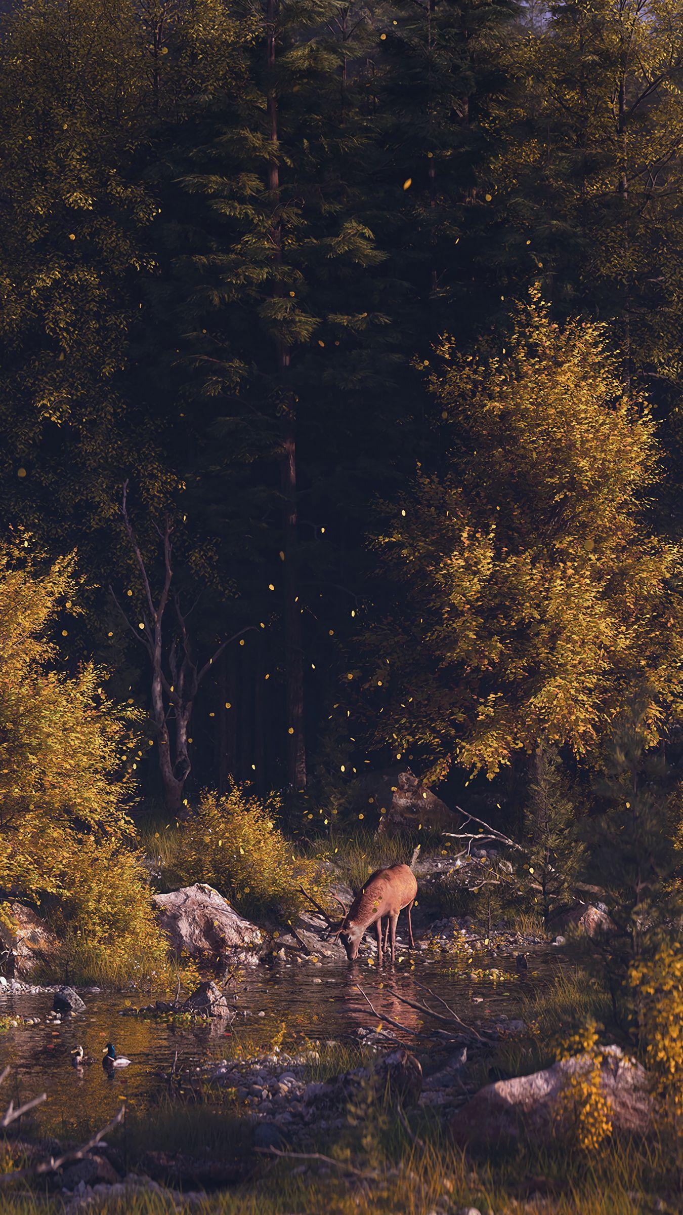 1350x2400 Download wallpaper 1350x2400 deer, forest, art, river, landscape