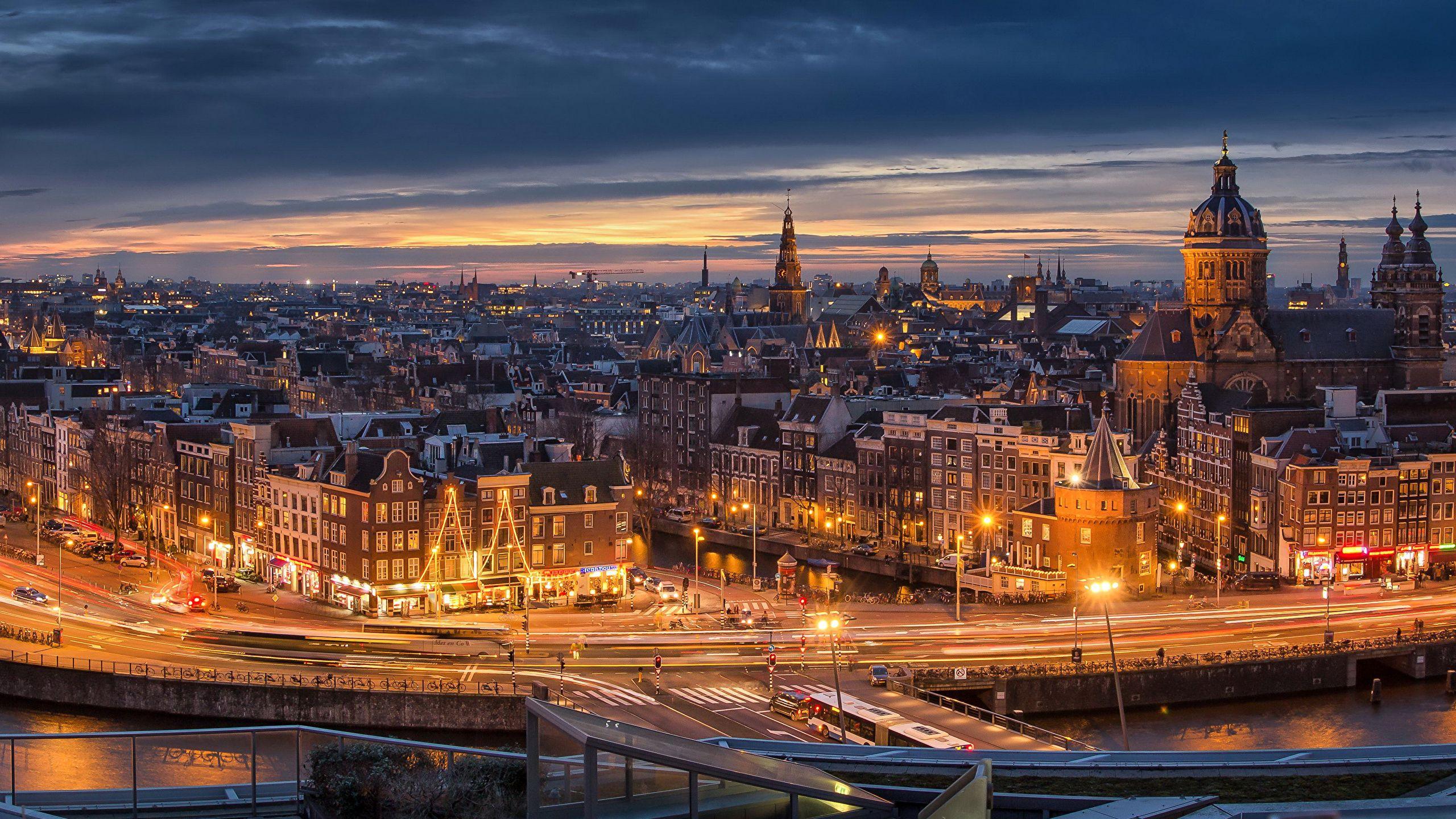 2560x1440 Wallpaper Amsterdam Netherlands Roads night time Street 2560x1440