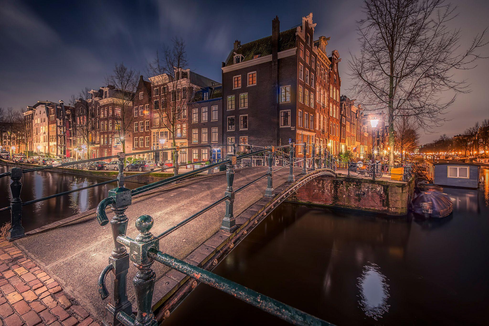 2048x1365 nature, bridge, Amsterdam, night, lights, city, city lights, river, houses wallpaper