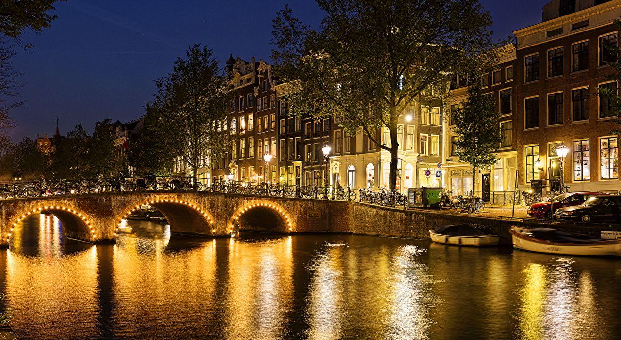 1280x702 Desktop Wallpaper Amsterdam Netherlands Canal bridge Berth Night