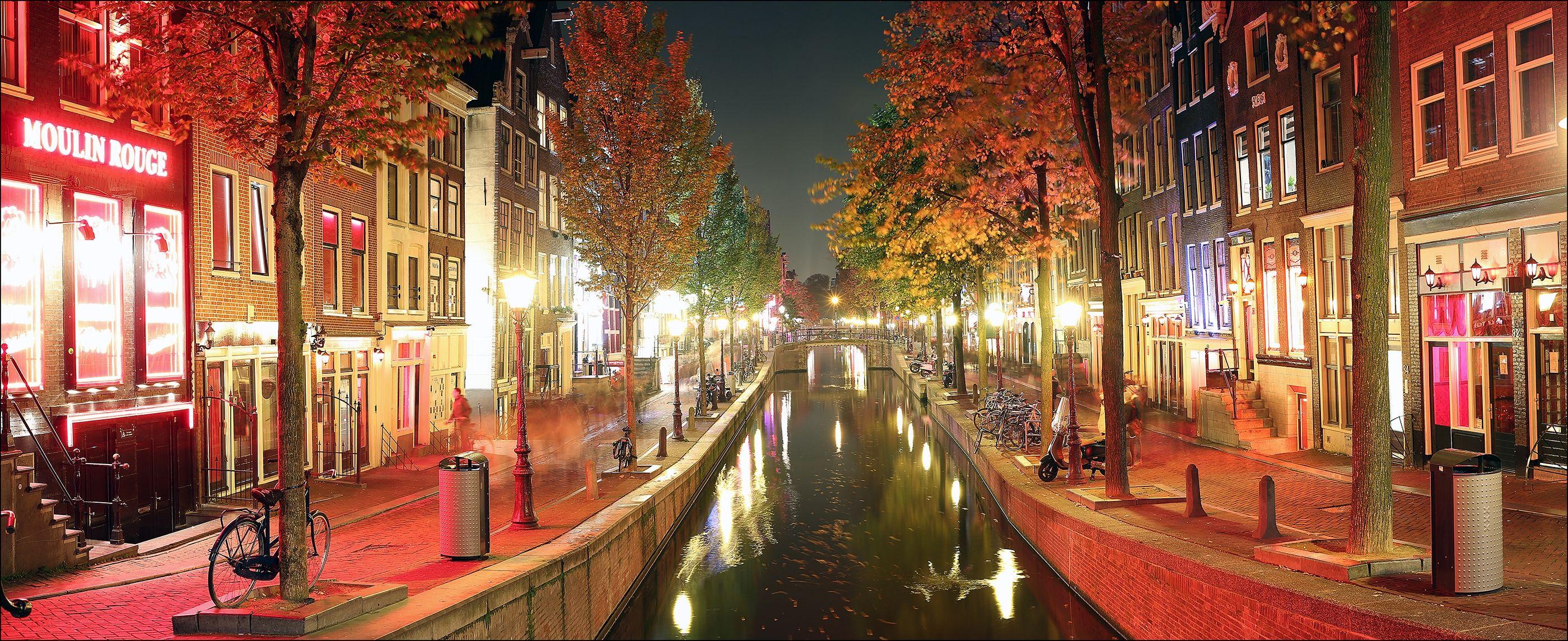 2800x1145 Autumn Night in Amsterdam HD Wallpaper
