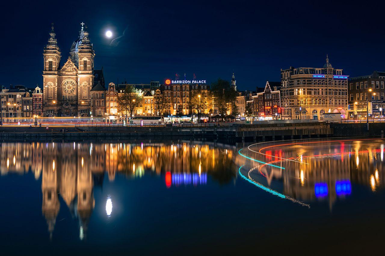 1280x853 Desktop Wallpaper Amsterdam Netherlands Moon reflected river night