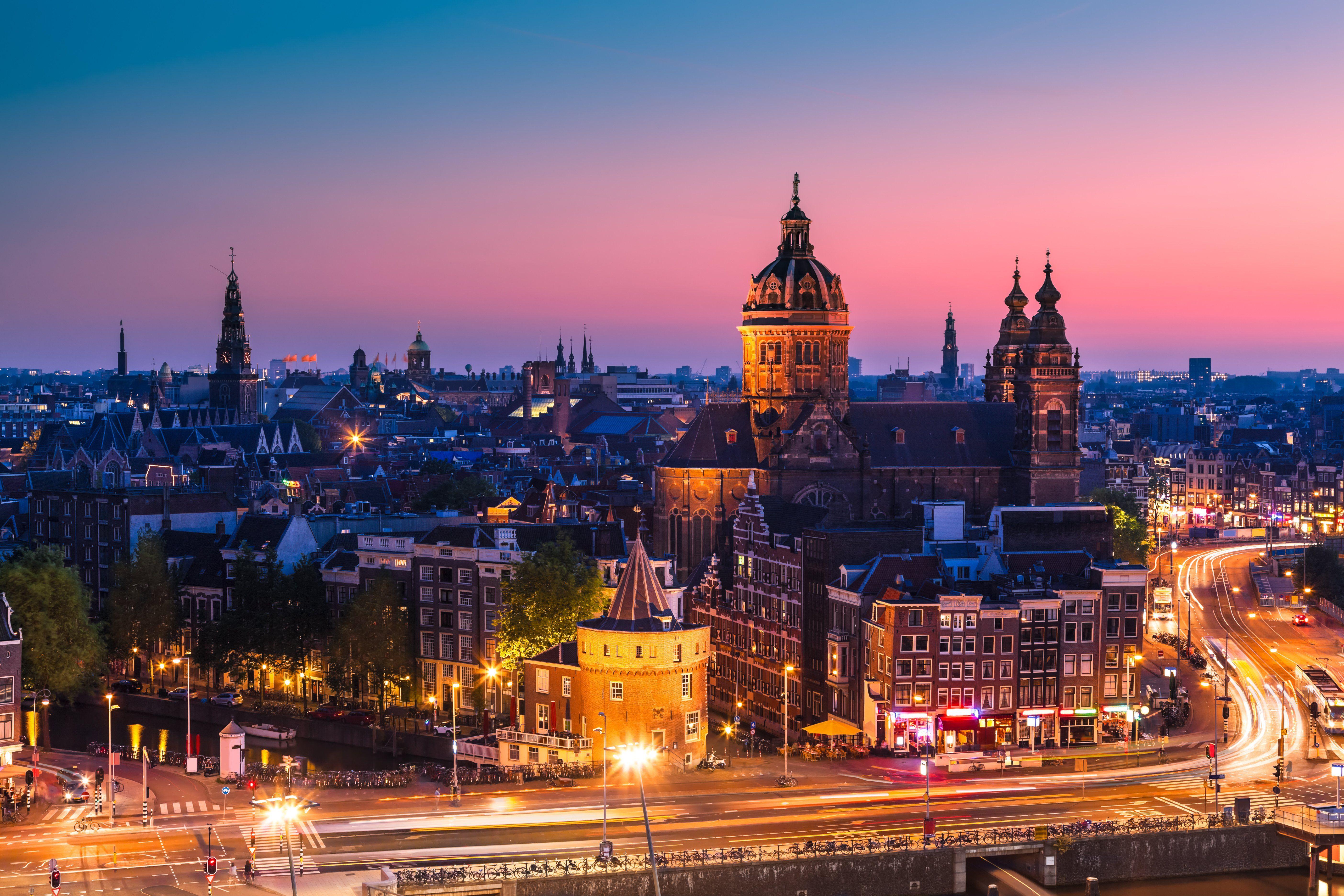 5616x3744 amsterdam, Nederland, Amsterdam, Netherlands, City, Night, Sunset, Home, Church, Cathedral, Buildings, Roofs, Roads, Cars, Street, Lights, Exposure Wallpaper HD / Desktop and Mobile Background