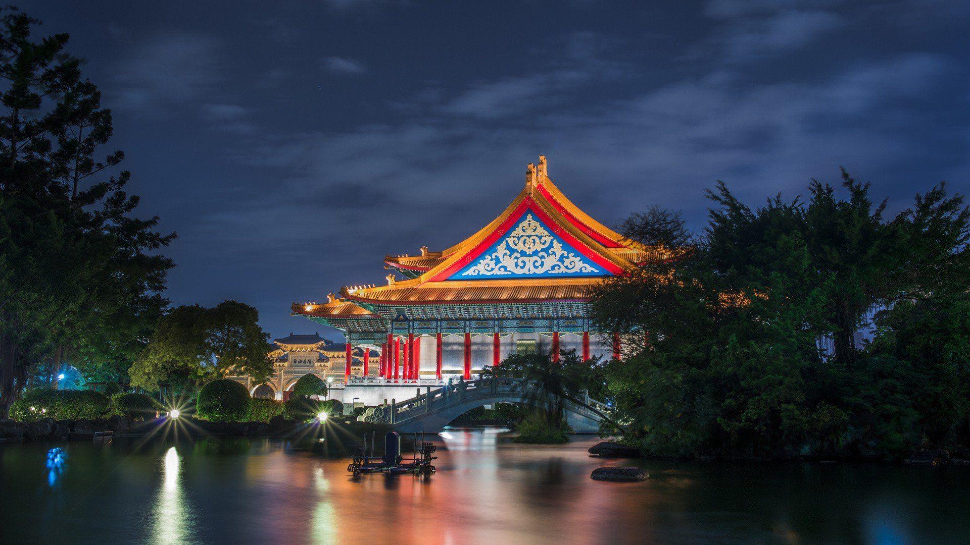 1920x1080 house, Lights, Nature, Trees, Night, Asian architecture, Bridge