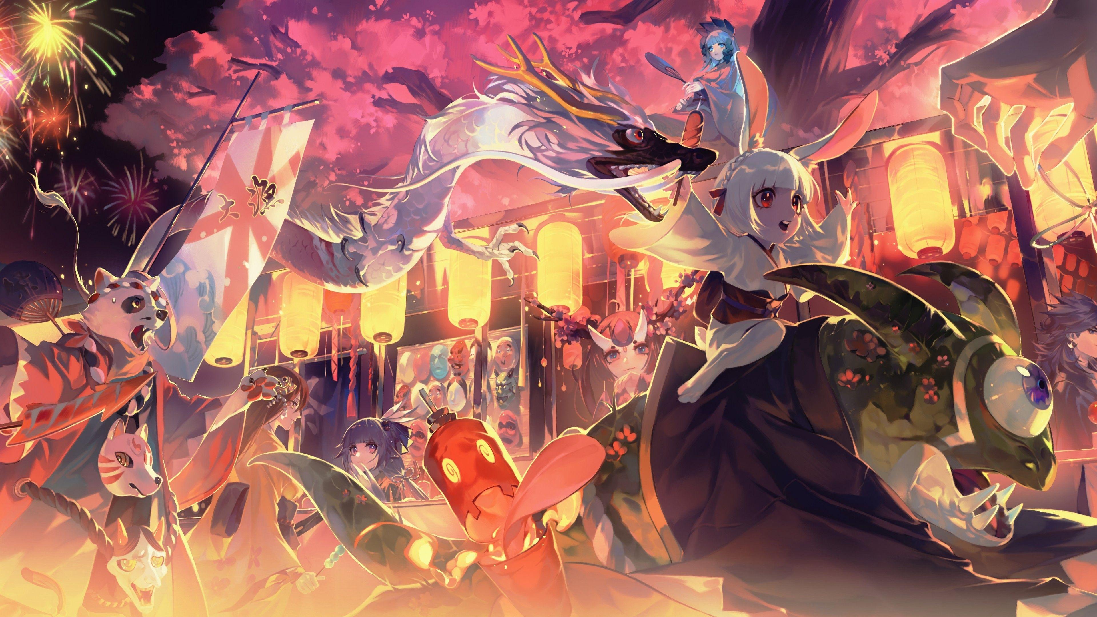 3840x2160 Download 3840x2160 Onmyouji, Fantasy World, Anime Girl, Dragon