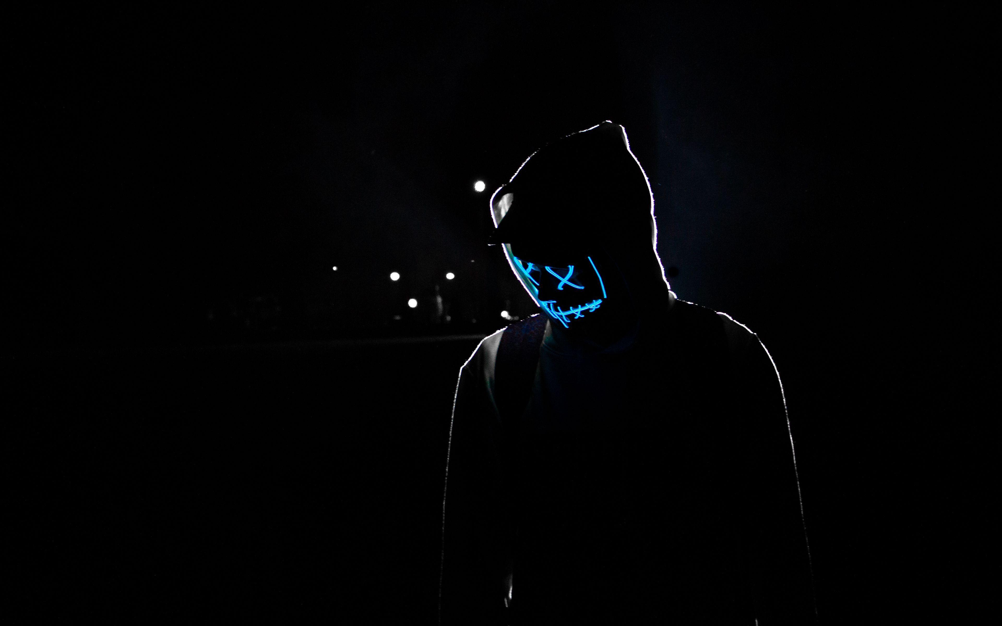 3840x2400 Download wallpaper 3840x2400 man, hood, mask, neon, glow 4k ultra