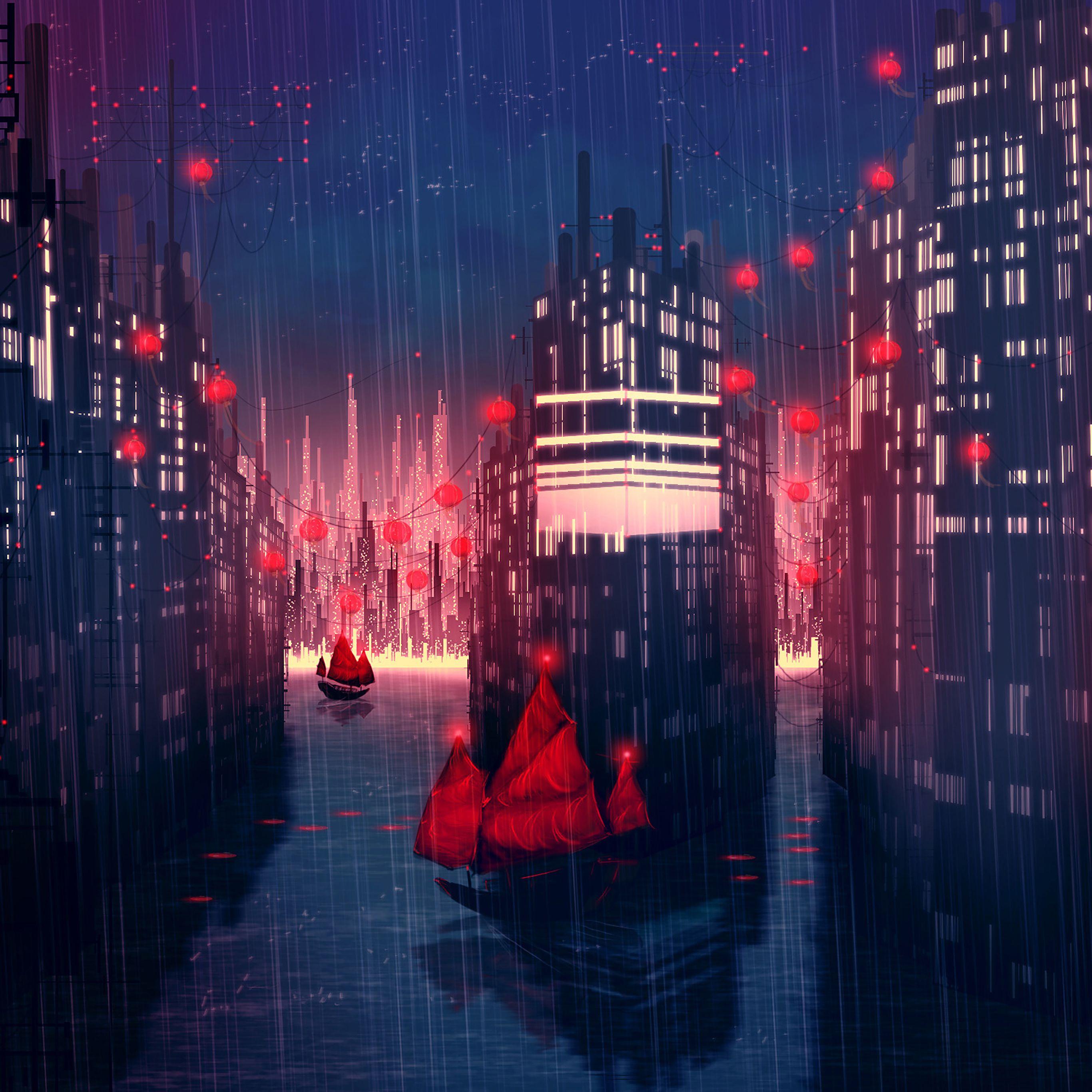 2732x2732 Rainy Anime City Art Illust Wallpaper
