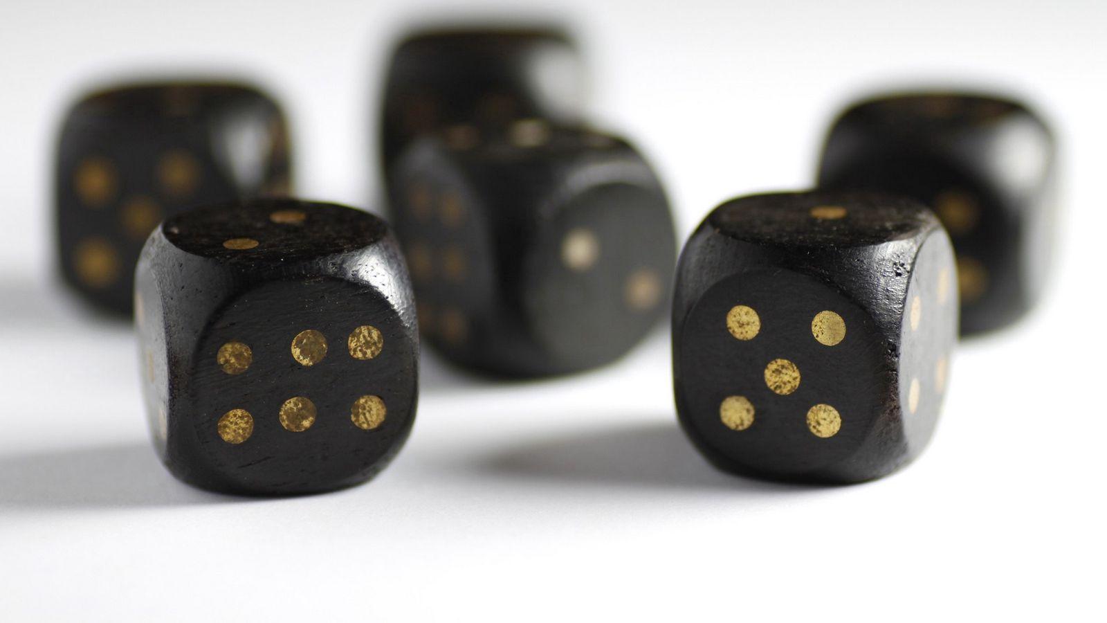 1600x900 Download wallpaper 1600x900 dice, game, black, yellow, points